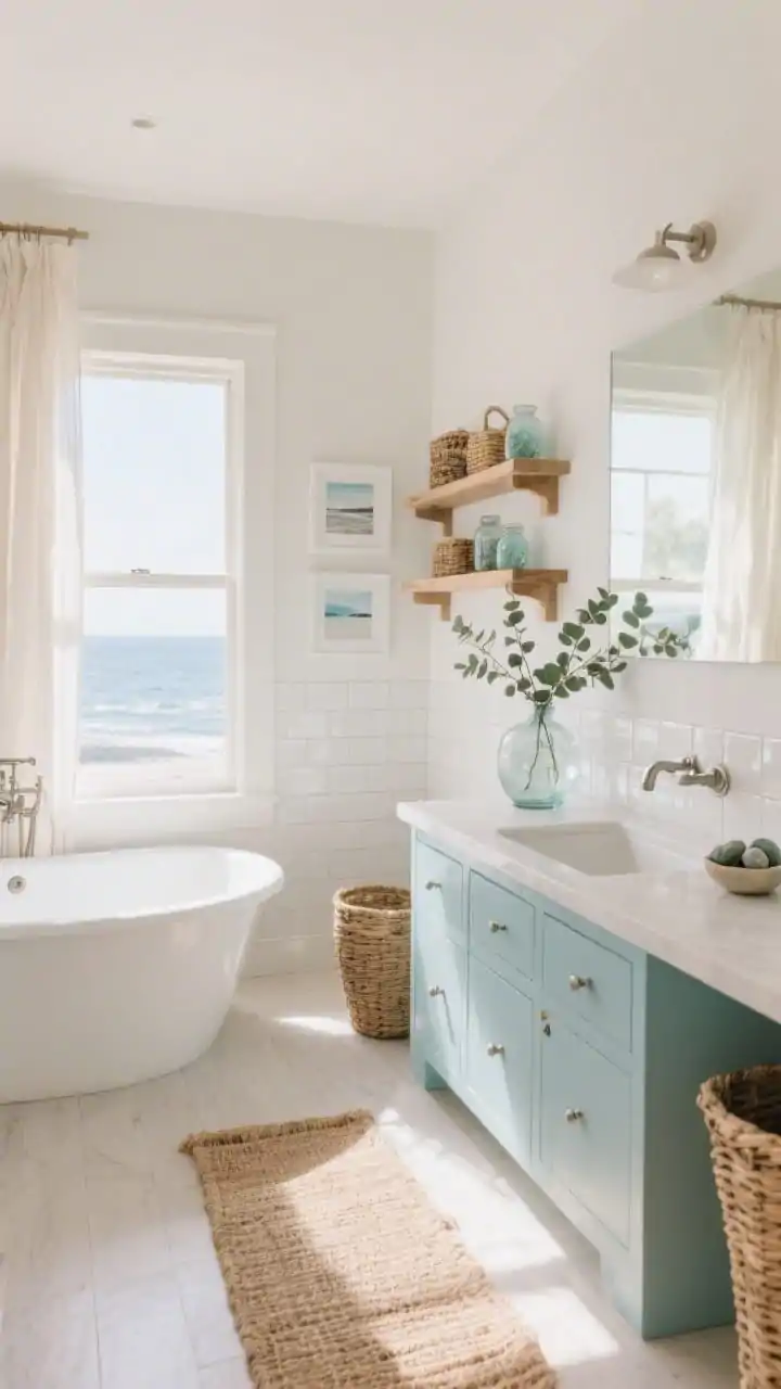 Wide room shot: A coastal calm bathroom bathed in sunlit neutrals, with walls in warm matte white and a pale sea-glass blue vanity; a freestanding tub positioned near a large window with gauzy linen curtains filtering soft morning light; elongated glossy white ceramic subway tiles reflecting brightness; brushed nickel hardware and soft chrome fixtures; a textured jute runner on pale flooring; bleached oak floating shelves styled with woven baskets, sea glass jars, and coastal prints in thin white frames; clear glass vase holding eucalyptus sprigs and a small bowl of smooth ocean stones by the sink; airy, breezy seaside mood, no people, photorealistic.