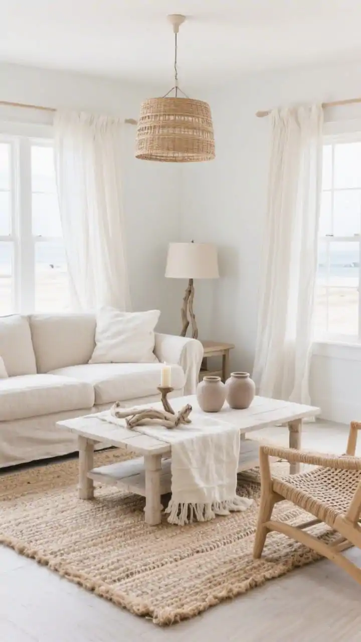 Wide room shot, Beachy Sand Dune Calm: sand-colored slipcovered sofa; rattan lounge chair; bleached-wood coffee table; layered rugs with a wide-weave jute base and a cream cotton dhurrie on top; linen curtains moving gently; driftwood candle holder and pale taupe stoneware jars on the table; seasalt white walls; woven drum pendant and coastal table lamps with linen shades; breezy coastal calm, photorealistic.