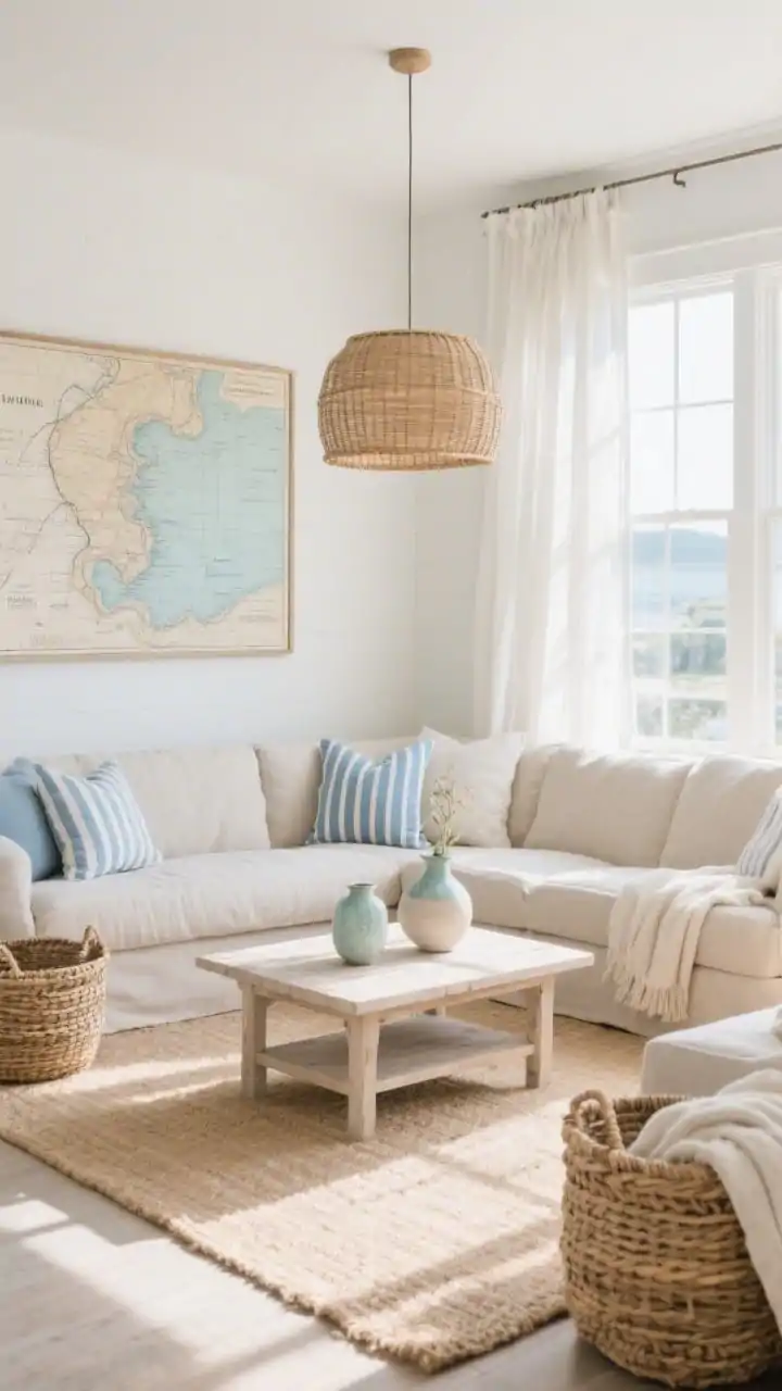 Wide room shot, Coastal Linen Retreat: a sun-washed family room with a low-profile, sand-colored linen sectional centered on a pale jute rug; sea-salt white walls with sheer gauzy curtains melting into large windows; soft natural coastal daylight; a whitewashed oak coffee table with ceramic vases showing a whisper of sea-glass blue and striped blue-and-white throw pillows on the sofa; woven seagrass baskets with blankets; rattan drum pendant lighting overhead; oversized coastal artwork or a vintage nautical map on the wall; textures emphasized: linen, jute, rattan, washed oak; palette: sand, shell white, sea-glass blue; photorealistic.