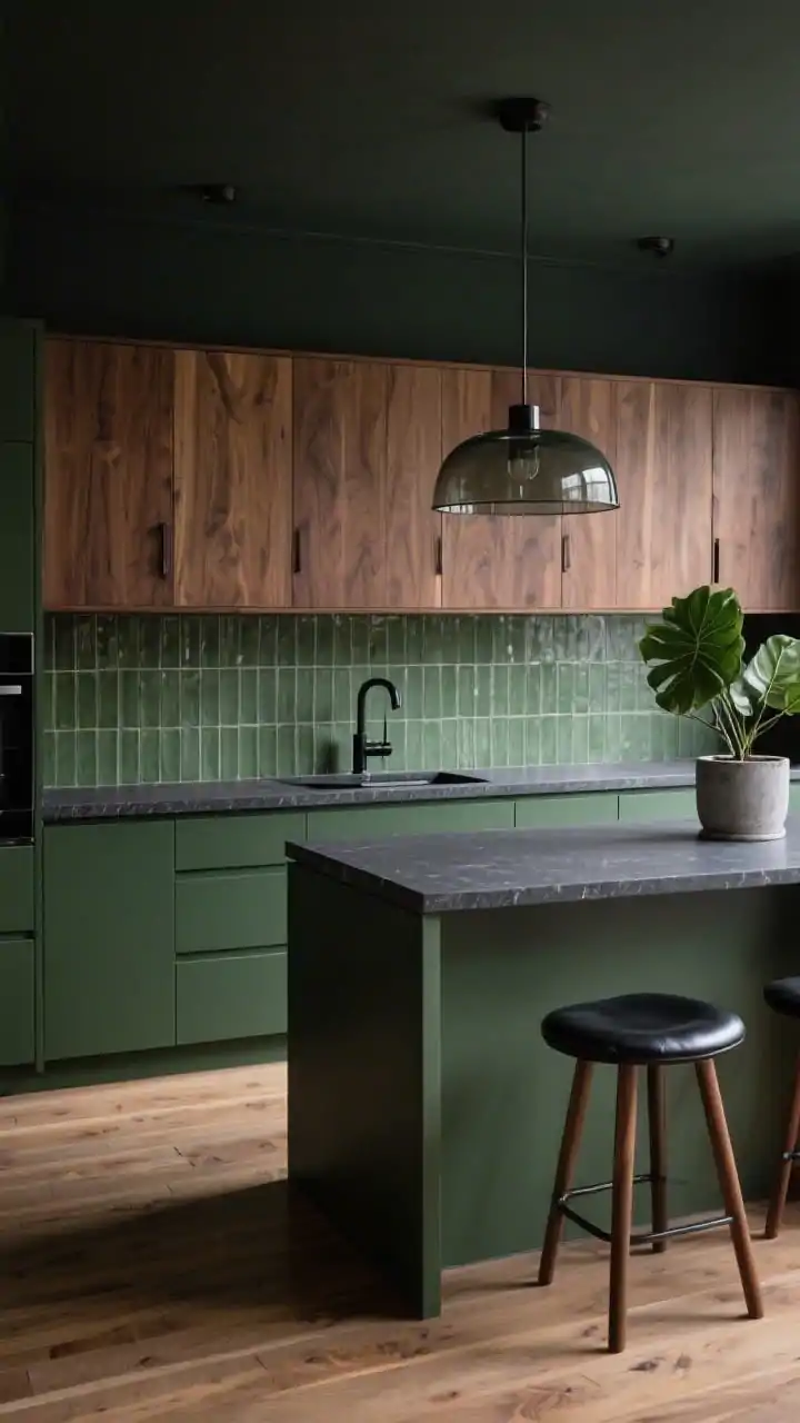 Wide room shot, Forest-Canopy Modern kitchen: deep olive lower cabinets, walnut slab uppers running wall-to-wall with no visible handles, vertically stacked sage-green zellige backsplash, charcoal quartz worktop with softly rounded edges, matte black faucet and slim black hardware, single oversized smoked-glass pendant over the island, wide-plank oak floors, low-back black leather stools with walnut legs, a potted fiddle-leaf fig in a concrete planter; moody, refined lighting for a restaurant-chic atmosphere, straight-on perspective, photorealistic.
