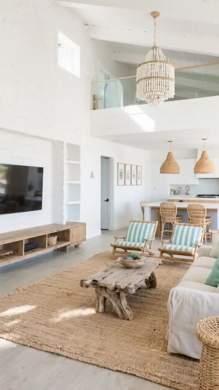 Wide room shot from a corner angle, Zoned Coastal Loft: An open-concept space clearly divided into zones living area anchored by a 9x12 jute rug with a linen slipcovered sofa facing a white plaster media wall with open cubbies; a long pine console behind the sofa subtly separates lounge from dining; across, rattan lounge chairs with striped cushions pair with a chunky driftwood coffee table; dining zone defined under a beaded chandelier, while the kitchen island beyond features two oversized woven pendants; palette of crisp white, sand, sea-glass green, and indigo accents; textures of jute, rattan, washed linen, and plaster; coastal photography in white frames lines a hallway; bright coastal daylight with soft shadows.