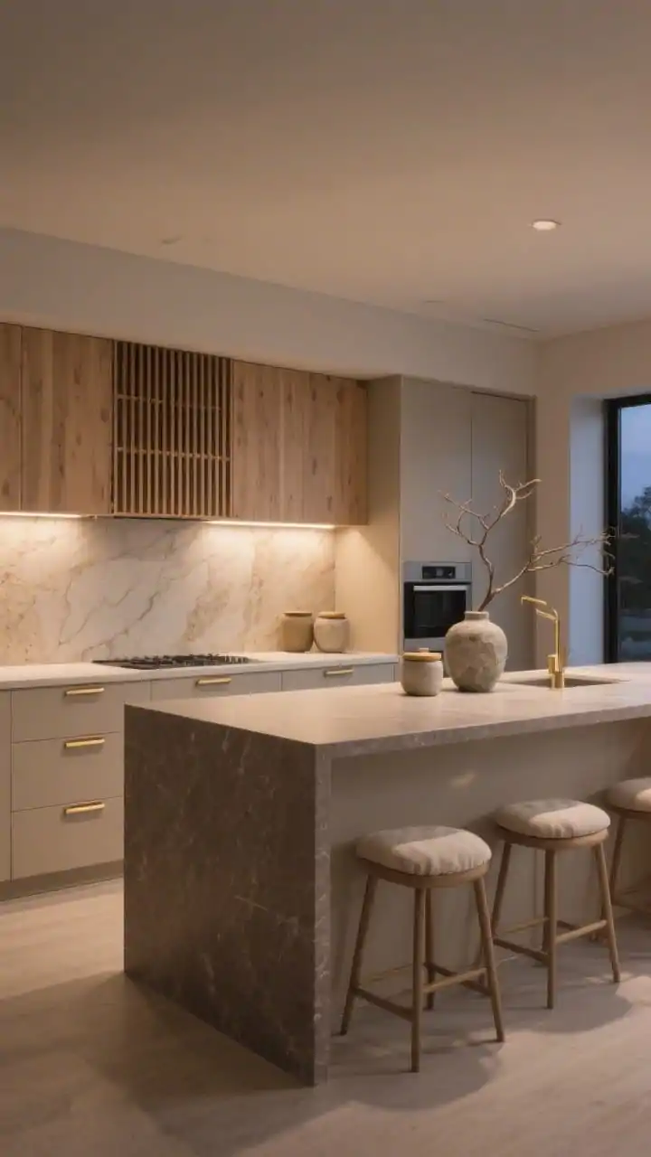 Wide room shot, Japandi warm minimalism kitchen at dusk: matte sand-beige base cabinets with J-pull profiles, light ash wood upper cabinets, a taupe quartz waterfall island centered in an L-shaped layout with a tucked pantry wall; a single-slab honied limestone backsplash softly veined, glowing under a slim LED under-cabinet strip; integrated wood slat vent hood aligned with matching slatted end panels; brushed brass accents, linen barstools at the island, a single branch in a stone vase, ceramic canisters on the counter; calm, warm spa-like mood, photorealistic, no people.