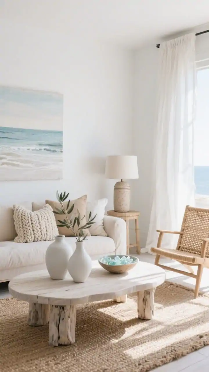 Wide room shot, Modern Coastal Calm: A sun-washed living room with a beige linen sofa layered with oatmeal and sand-toned pillows in chunky knits and slubby cotton, set against a soft white wall; a bleached wood coffee table with rounded edges sits on a jute/sisal rug; a woven rattan armchair at an angle adds airy texture; ceramic vases in matte white and a sea-glass bowl on the table; coastal art with soft horizons on the wall; linen drum floor lamp and a table lamp with a textured ceramic base provide soft, natural daylight glow; sheer curtains billow slightly, olive branches in a vase; palette of white, sand, driftwood, pale gray-blue; breezy, tactile, photorealistic.