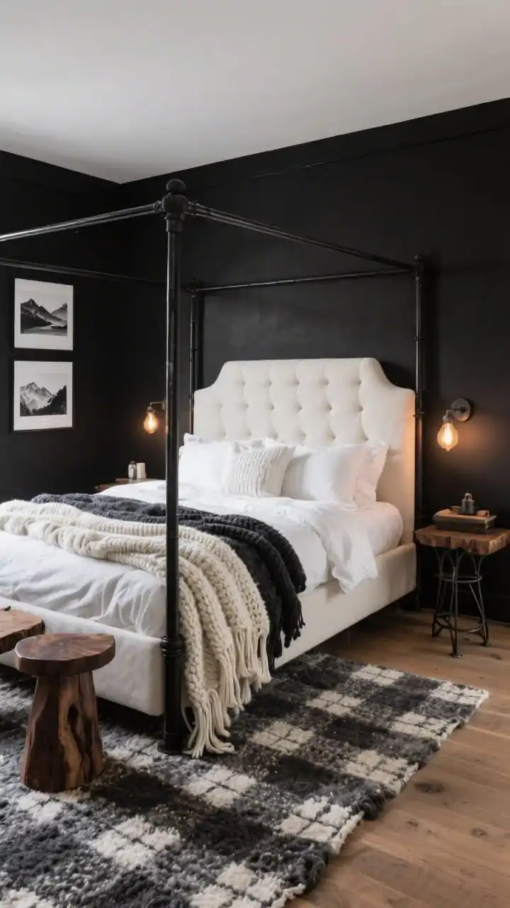Wide room shot, Monochrome Mountain Lodge: a cozy bedroom with matte black walls, an off-white upholstered headboard glowing softly on a black metal canopy bed dressed in crisp white percale sheets layered with chunky ivory-and-charcoal knit throws; a plaid wool rug in charcoal and ivory anchors the floor; live-edge espresso-finished wood stools as nightstands; forged-iron sconces with warm bulbs casting ambient light; black-and-white landscape prints on the wall; add a draped faux-fur throw for lodge luxe; no people, photorealistic, corner angle showing bed, sconces, and rug.