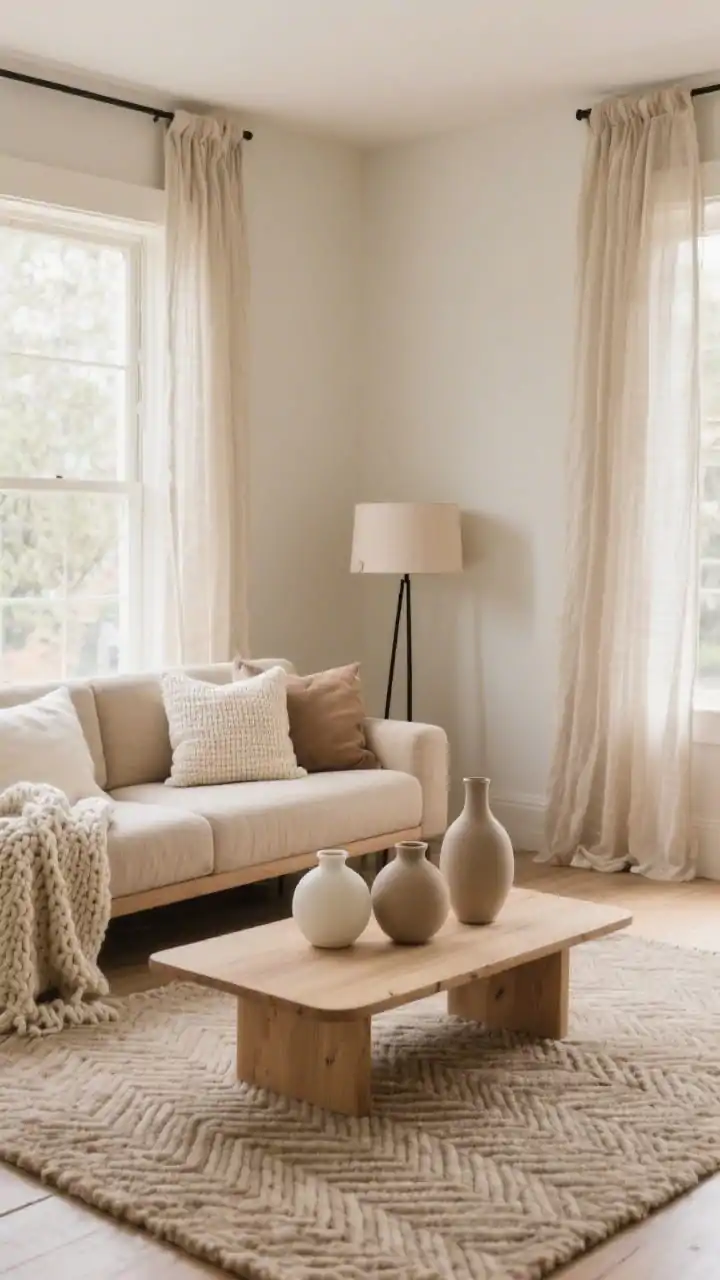 Wide room shot, Soft Linen Haven: a low-profile linen sofa in warm oatmeal topped with a chunky knit throw and pillows in ivory, taupe, and sand; light oak rectangular coffee table with rounded corners holding a trio of matte ceramic vases in cream and mushroom; thick wool rug in a subtle herringbone underfoot; sheer flax curtains pooling slightly; slim black floor lamp with a linen shade; soft afternoon natural light, calm cozy mood, photorealistic.