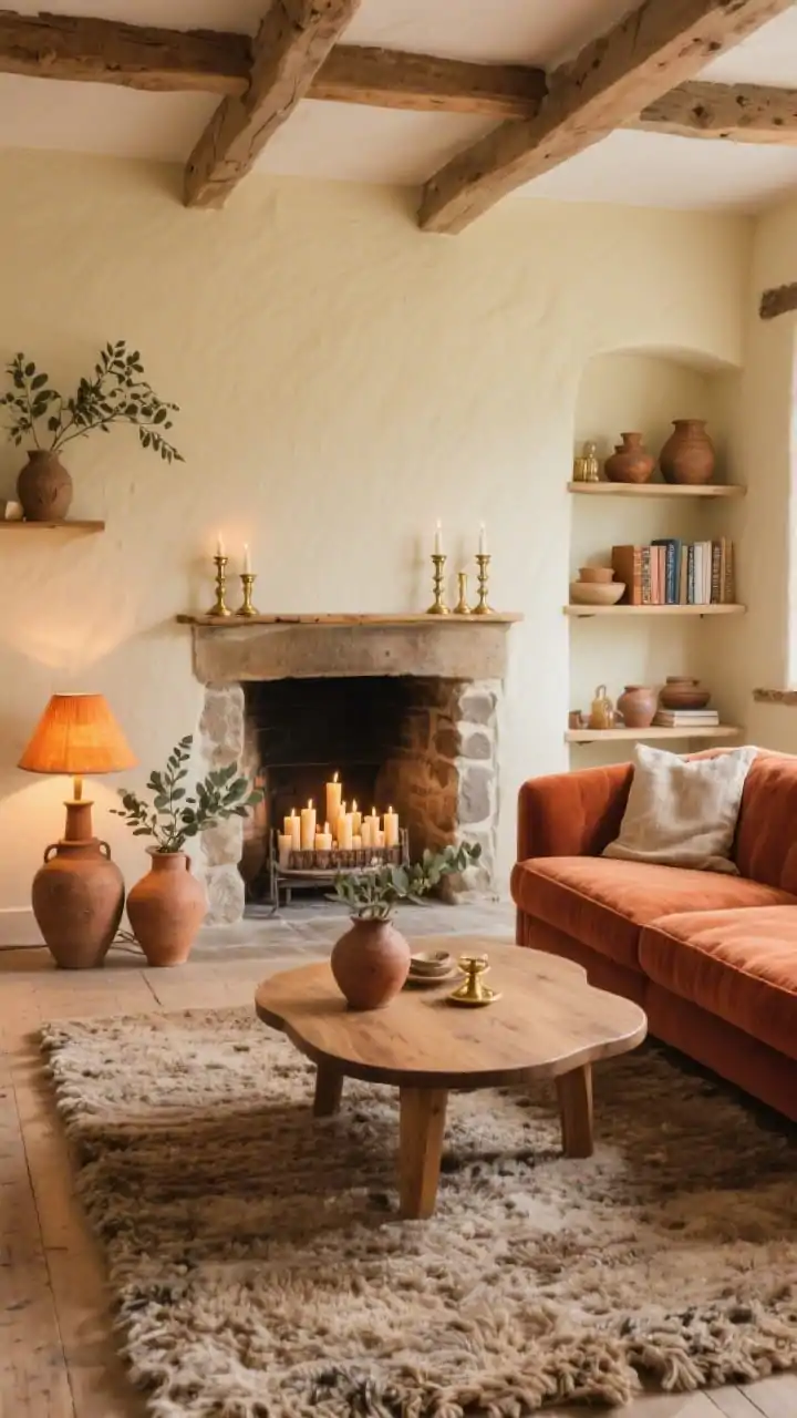 Wide room shot, straight-on view: A cozy cottage living room with buttery cream walls and a stone-mantled fireplace stacked with candles and antique brass candlesticks. A terracotta velvet sofa faces a low solid-wood coffee table with rounded corners, set on a chunky wool rug. Open shelves display well-loved pottery and linen-bound books in sunbaked hues. Earthenware vases with fresh eucalyptus and a warm amber lamp glow create soft, evening lighting. Palette: cream, clay, brass, warm wood. Photorealistic, no people.