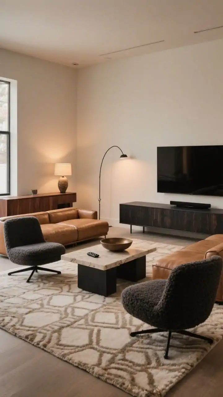 Wide room shot, Warm Modern Conversation Pit: A photorealistic living room with a low-profile camel leather sectional floated 12 inches off a light bone wall, forming a gentle U-shape with two charcoal bouclé swivel chairs around a sleek travertine slab coffee table on a plush 8x10 wool rug with a tone-on-tone geometric pattern; a linear black oak media console with a thin-frame TV anchors the scene, an arched floor lamp sweeps over the coffee table, and behind the sofa sits a walnut console table with a ceramic lamp and a shallow bowl for remotes; palette of camel, charcoal, bone, and blackened bronze, evening ambient glow with warm lamp light emphasizing textures of bouclé, leather, wool, and travertine, straight-on perspective.