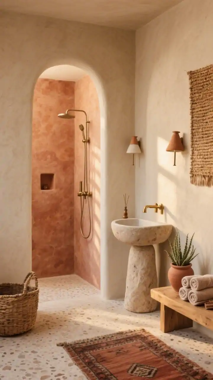 Wide room shot with corner perspective: A desert minimalism bathroom in earthy warmth featuring creamy plastered or tadelakt-style shower walls, terracotta, sand, and rust accents; an arched, curved shower entry with a linear shadow; honed limestone or terrazzo floors; a chunky stone pedestal sink as a sculptural focal point; brushed champagne bronze hardware; sconces with clay or alabaster shades casting a soft sandy glow; decor includes a woven wall basket, a vintage rug in muted rust tones, and a ceramic incense holder; a low wooden bench holding rolled towels and a terracotta planter with a sculptural succulent; golden hour ambience, photorealistic.