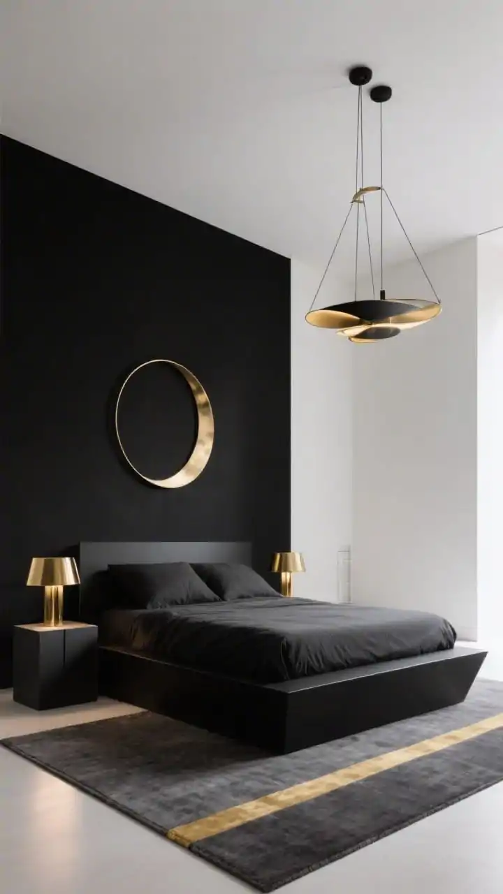 Wide, sculptural minimalist view with strong geometry: jet black accent wall behind a sharp-edged black platform bed; adjacent walls crisp white; above the bed, a thin oversized gold circle metal wall sculpture like a rising moon; minimalist cube nightstands topped with architectural brass lamps; graphite area rug with a single bold gold stripe; slender mobile-style chandelier in black and brass overhead; dimmed lighting emphasizing clean lines and shadow play; no knickknacks, photorealistic.