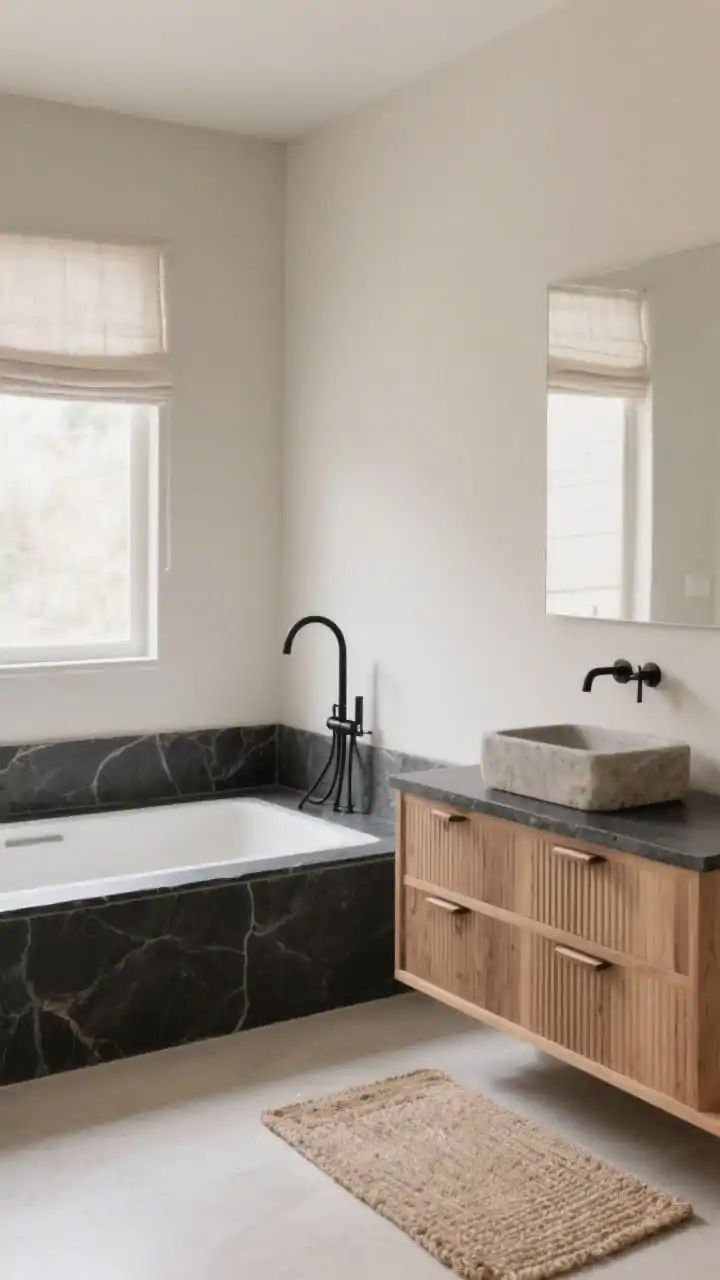 Wide serene view: Japandi bathroom with soft greige walls and a rectangular soaking tub framed by a low black stone ledge. A ribbed oak vanity with integrated pulls supports a solid stone vessel sink. A floor-mounted black tub filler, a linen Roman shade filtering natural light, and a neutral jute bath mat on the floor. Palette of greige, natural oak, black stone, warm white; calm, tactile minimalism; photorealistic.