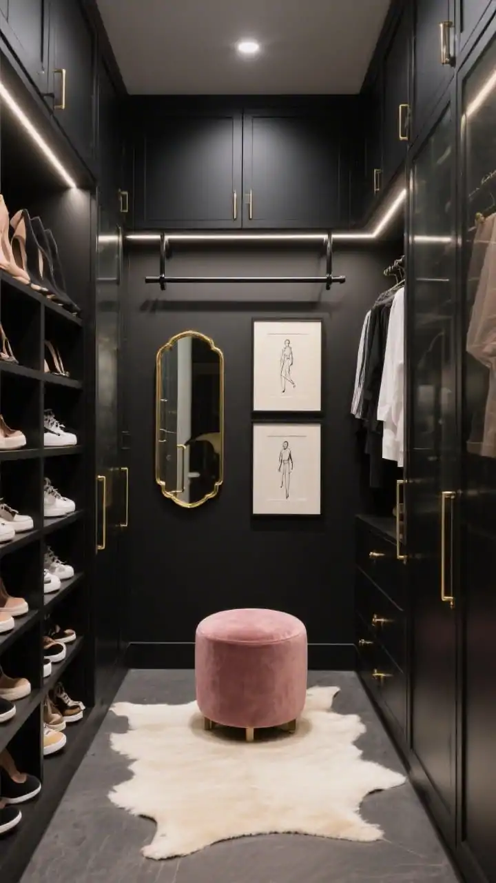 Wide shot: A moody, boutique-style small walk-in closet with matte black cabinetry and slim brass hardware, smoked glass cabinet doors, and warm integrated LED strip lighting under every shelf. One wall features floor-to-ceiling shoe towers with neat cubbies for heels and sneakers; the opposite wall has double black metal hanging rods showcasing clothes like art. Center the space with a petite round dusty-rose velvet ottoman on a cream faux-hide rug. Include a brass-framed mirror and two framed fashion sketches on the wall. Color palette: matte black, brass, cream, smoked gray. Photorealistic, no people.