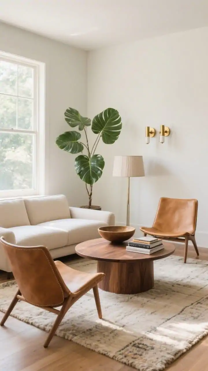 Wide shot, airy conversation lounge: a curated seating cluster pulled off the walls in a bright living room. Low-profile linen sofa in soft oatmeal facing two camel leather sling chairs angled inward around a round walnut coffee table. An 8x10 wool rug under the front legs of all seats unifies the zone. Warm neutral palette with burnished brass accents, leafy green from a tall fiddle-leaf fig. Lighting includes a double-arm sconce over the sofa and a linen drum floor lamp. Style the table with a sculptural bowl and a stack of art books. Photorealistic, natural daylight, breathable negative space at the walls, inviting, intimate mood.