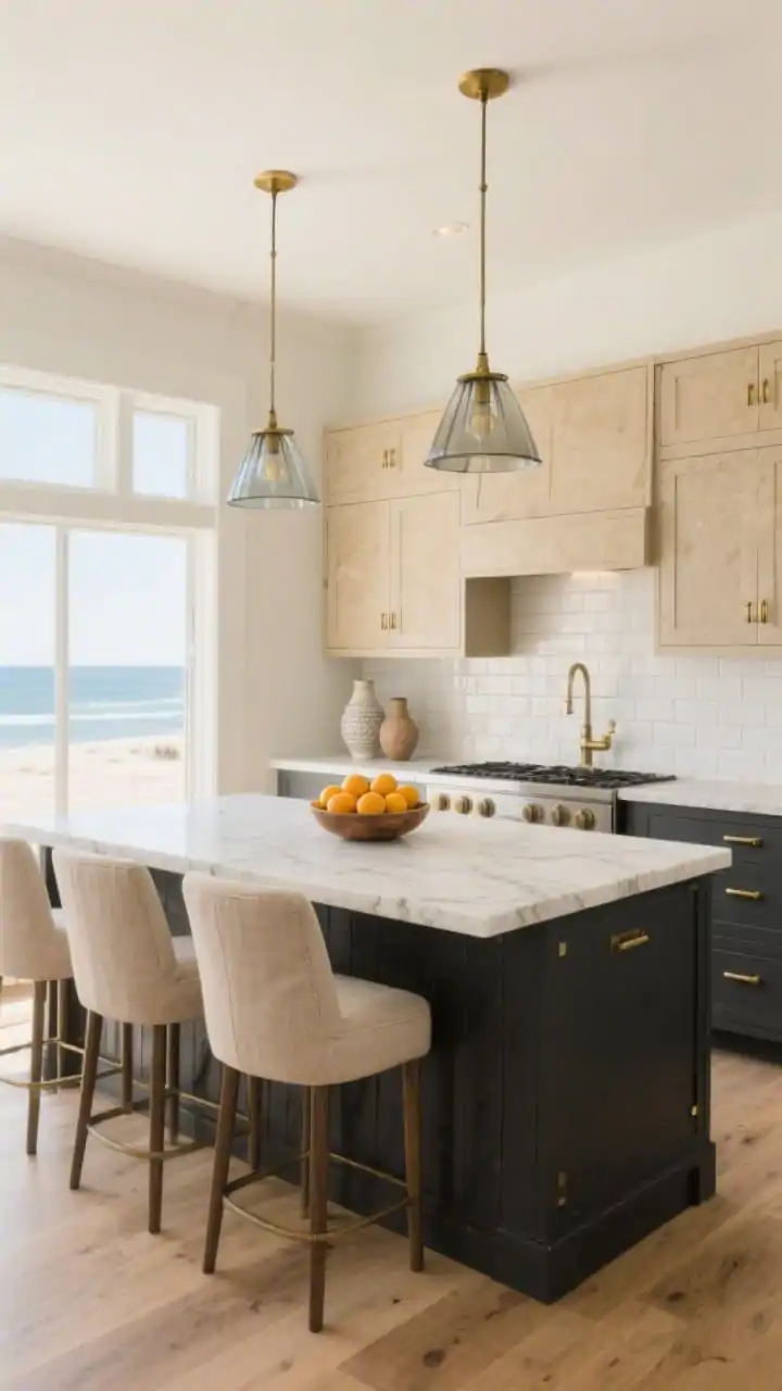 Wide shot: An open-plan kitchen with charcoal lower cabinets and sandstone upper cabinets, a white quartz countertop with faint taupe veining, buttery off-white walls, and stacked matte zellige backsplash in warm white; light oak plank floors with a natural matte finish. Over the island hang two smoked-glass pendants; brushed brass hardware on all cabinetry. Style with sand-colored linen barstools, a bowl of citrus on the counter, and ceramic vases; bright coastal light, refined but beachy mood, photorealistic.
