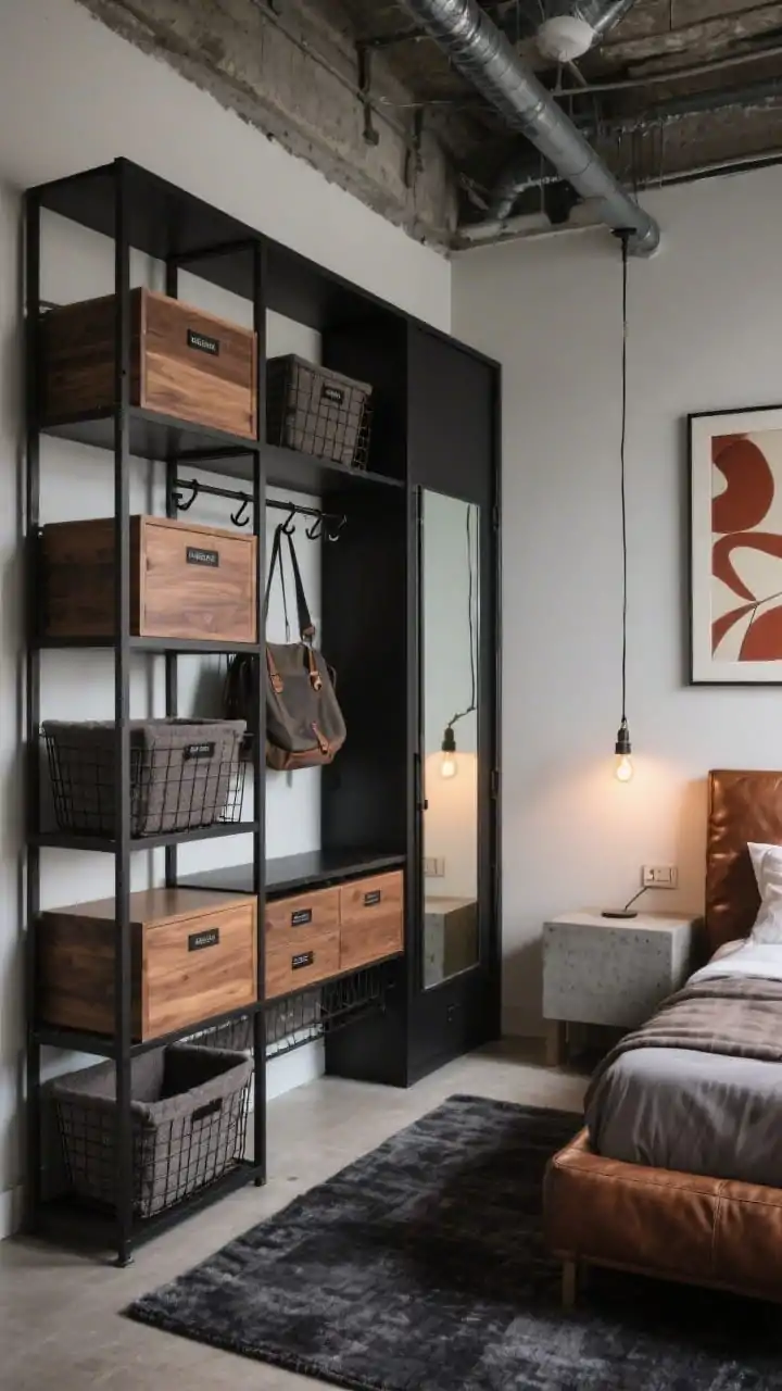Wide shot at a slight diagonal of a loft-style, black powder-coated metal frame wardrobe open on all sides: balanced grid with hanging rails, stackable warm walnut wood-front cubes, and labeled wire baskets with felt drawer liners; hook rail for bags; anchored by a charcoal area rug; room layers include a tobacco leather headboard, concrete-look bedside table, and a leaning slim full-length mirror reflecting light; an abstract print in rust and ivory on the wall; exposed-bulb floor lamp with dimmer casting moody evening illumination; bold industrial-chic, photorealistic.