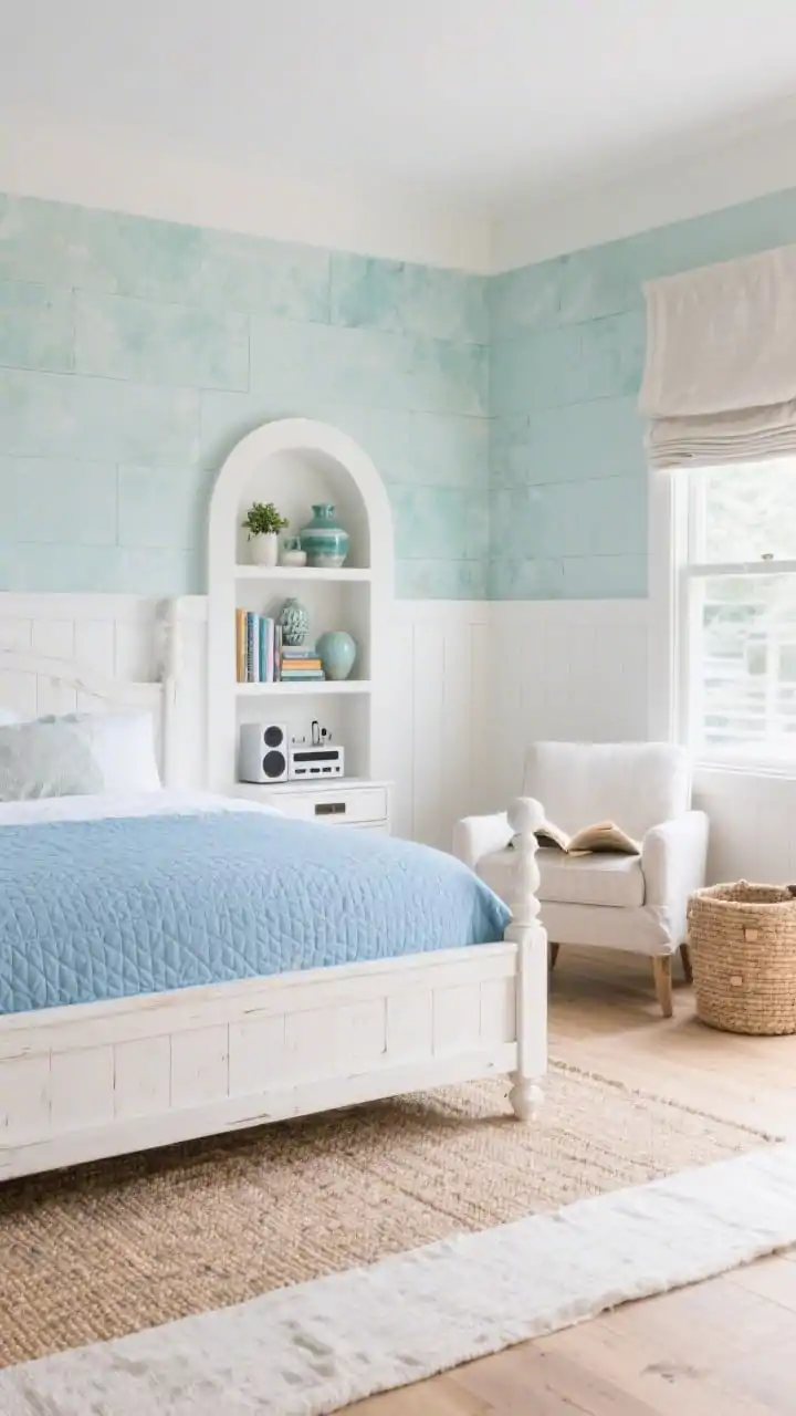 Wide shot, bright natural light: A coastal calm bedroom with soft sea glass walls and beadboard half-walls, a whitewashed wood bed with rounded finials topped by a sky-blue quilt. Twin built-in recessed niches flank the bed: his niche holds books, speakers, and a charging dock; hers displays layered ceramics, a small plant, and a hidden drawer front for skincare. Linen Roman shades with blackout lining filter daylight; pale oak floors host a jute rug and a soft cotton runner underfoot. A slipcovered chair creates a breezy reading corner; a woven hamper sits nearby. Palette of sea glass, cloud white, driftwood, brushed nickel accents. Photorealistic, airy, organized.