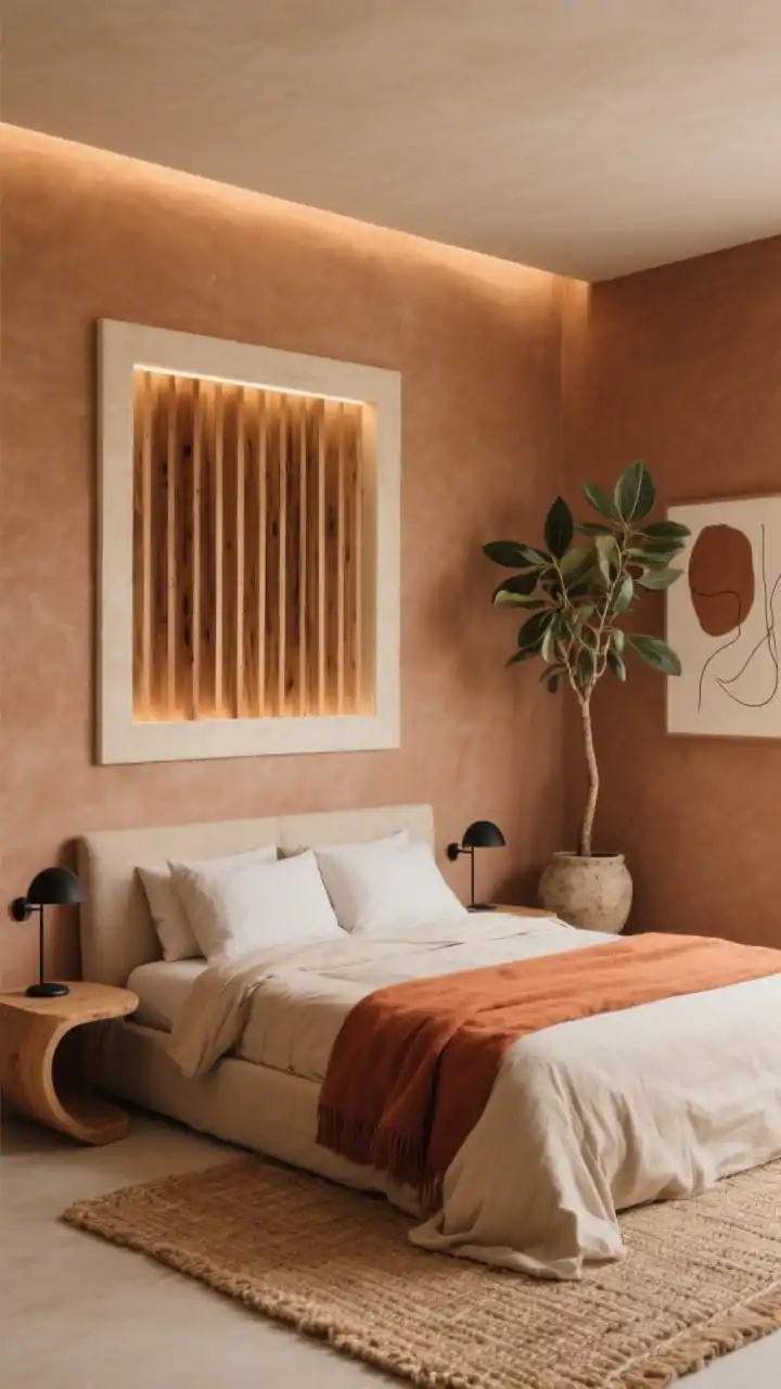 Wide shot centered on the bed, rectangular inset of slim oak slats above the bed framed by a smooth gypsum border with subtle hidden backlighting; clay-toned walls; linen-upholstered bed in sand; curved wood side tables; matte black reading sconces; woven jute rug; one tall olive tree (or rubber plant) in a rough ceramic pot; earthy abstract artwork and minimal line drawings; layered neutral bedding with a terracotta throw; warm, organic, boutique-retreat feel.