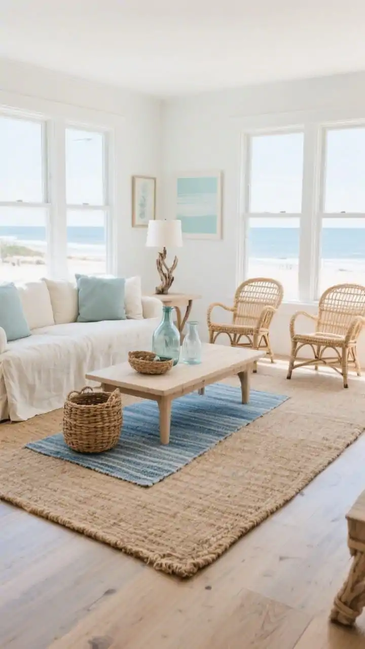 Wide shot, coastal calm living room with a large centered jute rug leaving 8–12 inches of light wood floor as a frame; linen slipcovered sofa in soft cream, two rattan accent chairs, pale oak coffee table; layered small sea-blue flatweave rug under the coffee table; decor includes woven baskets, glass vases, and a driftwood lamp; palette of sandy neutrals, sea-glass blues, and cloud white; bright natural daylight from large windows, airy beach-cottage mood, photorealistic.