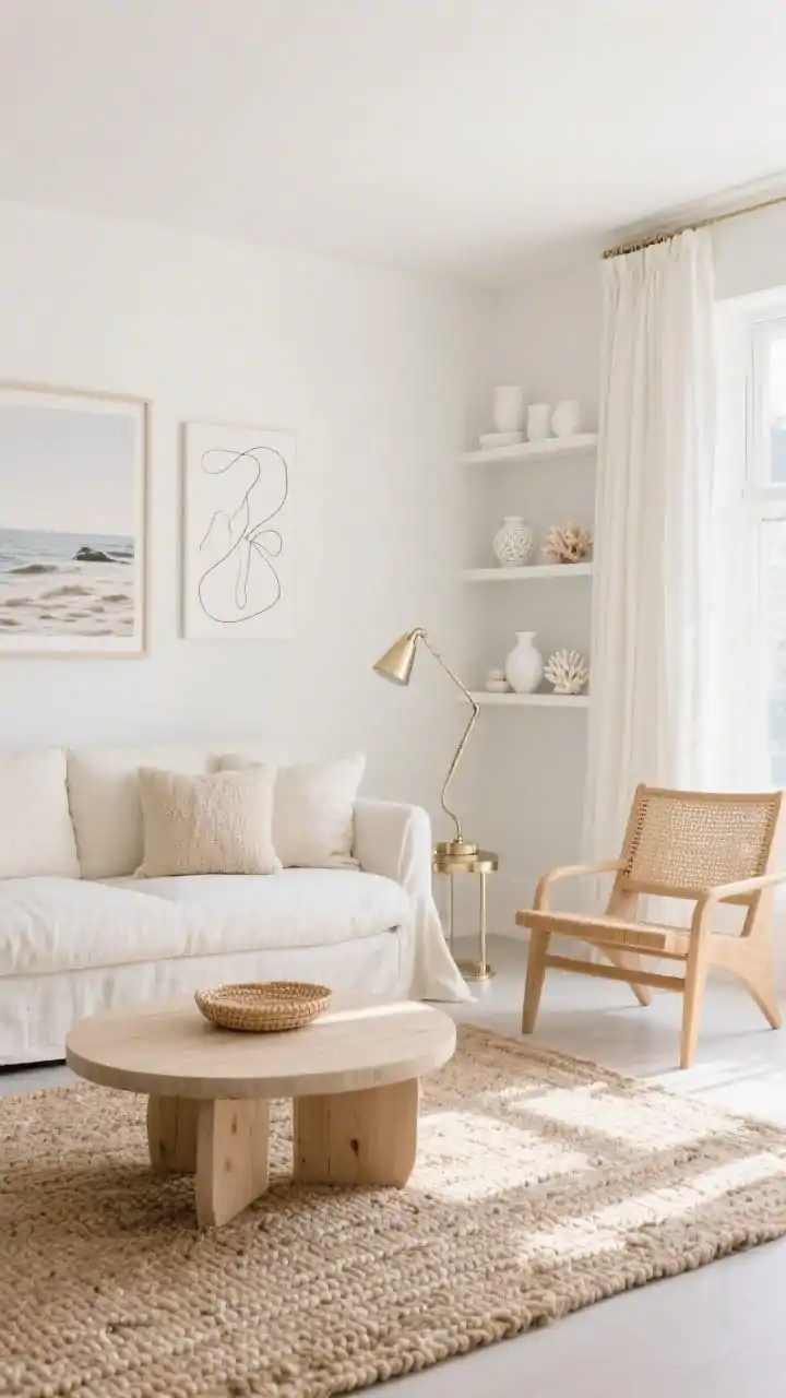 Wide shot, Coastal Champagne Minimalism: soft white walls and airy natural light over a creamy slipcovered sofa and a pale oak rounded-edge coffee table; chunky woven rug underfoot; linen drapery and a rattan accent chair with a gentle curve; subtle champagne metal accents on a floor lamp and small decor; open shelving with tasteful negative space, styled with white ceramics and coral-inspired objects; art is breezy coastal photography and abstract line drawings; palette of white, sand, oat, pale oak, champagne metallics; textures of linen, rattan, bouclé pillows, woven wool; photorealistic, slightly elevated corner angle for a breezy, sun-bleached feel.