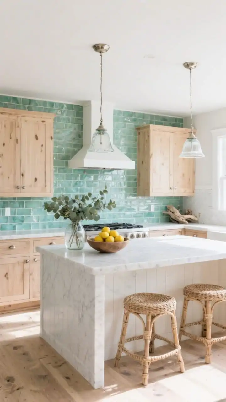 Wide shot, coastal kitchen bathed in natural daylight: a wall of sea-glass green subway tiles with watery translucence, natural oak shaker cabinets lightly whitewashed, warm white quartz counters, brushed nickel pulls, matte white range hood, bell-shaped glass pendants with nickel caps over the island, pale oak/whitewashed plank flooring. Style with woven stools, a driftwood bowl, eucalyptus in a clear vase, and a bowl of lemons for a crisp, sunlit, relaxed coastal vibe; photorealistic, straight-on view.