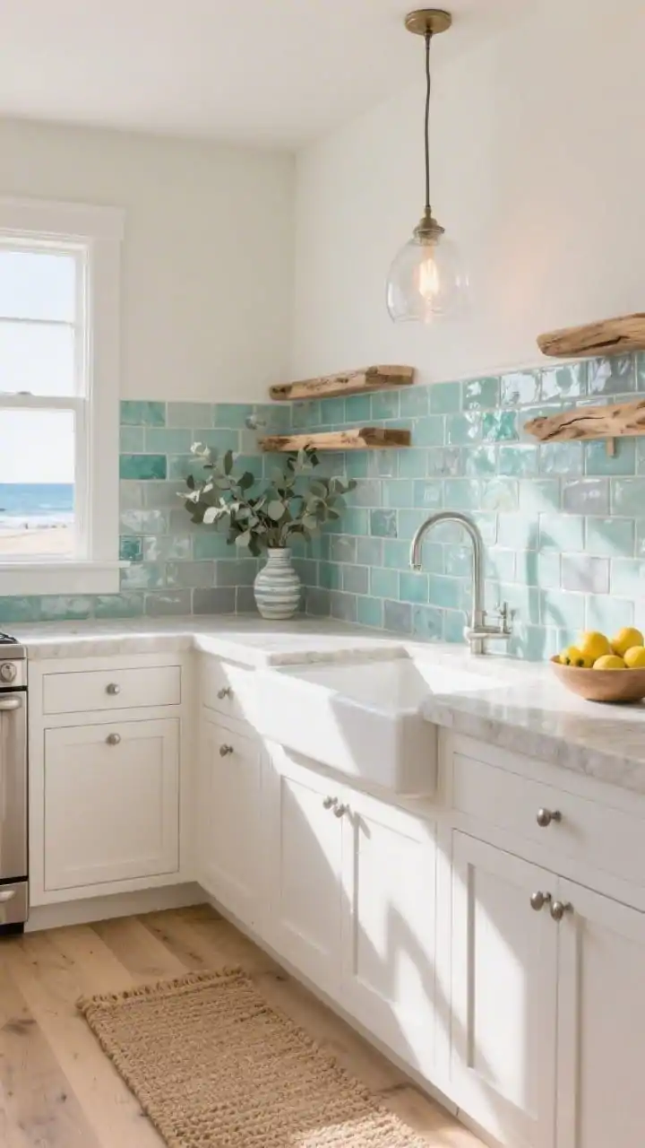 Wide shot, coastal kitchen bathed in natural morning light: sea-glass subway tile backsplash in soft aqua, mint, and misty gray laid in a classic brick pattern, reflecting light like water; matte white shaker cabinets with brushed nickel pulls; warm driftwood open shelves styled with a vase of eucalyptus; pale sand-colored quartz countertops; white farmhouse sink; clear glass pendant lights with filament bulbs casting a warm shimmer; woven jute runner on light wood floors; a bowl of lemons for fresh contrast. Photorealistic, airy and serene beachy vibe, straight-on perspective.