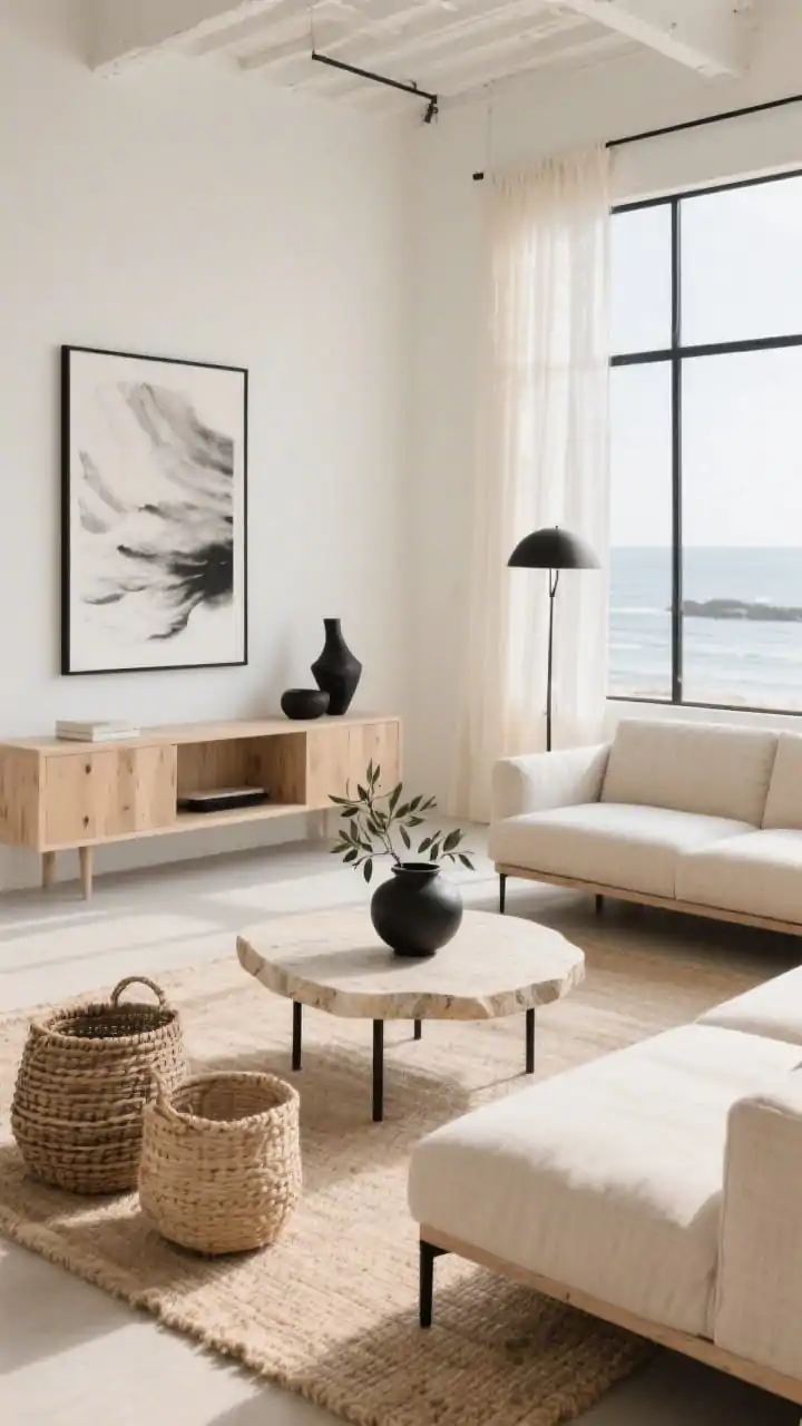 Wide shot, coastal minimalist loft living room bathed in natural daylight: a low-profile sand-toned linen sectional with slim black metal legs floats over a pale textured jute rug; chaise extends toward floor-to-ceiling windows with airy gauze curtains. Walls in warm seashell white. Opposite the sofa, a bleached oak media console; centered is a rounded travertine slab coffee table. Matte black accents throughout. Styling details include oversized grayscale art, a sculptural ceramic vessel with olive branches on the coffee table, and braided baskets tucked near the chaise. Palette: sand, warm white, driftwood, matte black. Photorealistic, serene coastal minimal mood.