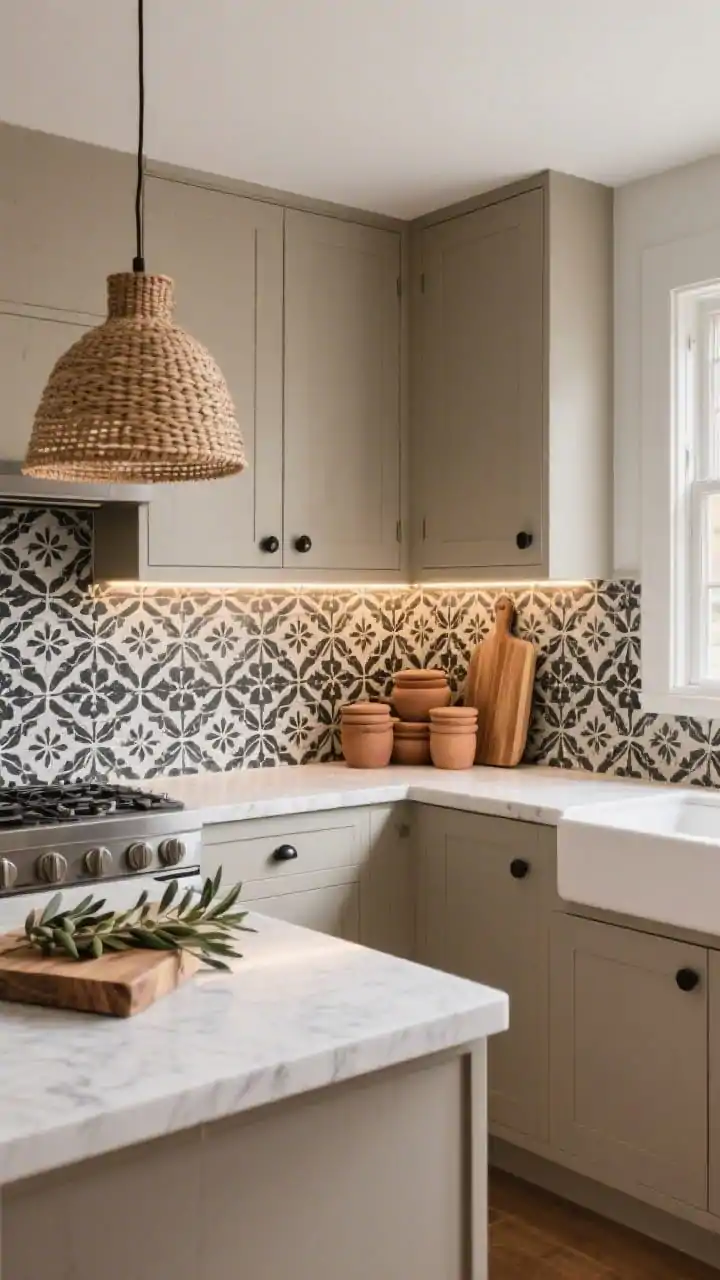 Wide shot, corner angle: A kitchen energized by a full backsplash of black-and-white Moroccan-inspired encaustic cement tiles with bold geometric/floral motifs. Warm greige cabinets with matte black pulls and a crisp white quartz counter balance the pattern. Over the island hangs a woven pendant; accessories include stacked wood cutting boards, clay canisters, and olive branches. Warm LED strip lights and natural daylight mix to highlight texture without overpowering. Photorealistic, cozy neutral palette.