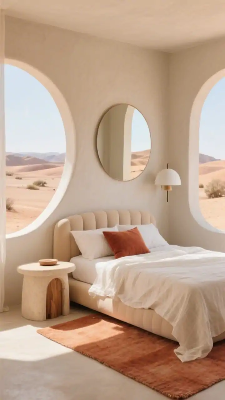 Wide shot, Desert Minimal: sunlit room with rounded forms and sunbaked tones terracotta, ecru, washed clay; curved upholstered bed in sand, plaster-look nightstand, pale terracotta area rug; rounded mirror above the bed reflecting soft light; cotton gauze duvet with a single rust-toned lumbar pillow; materials of plaster, bouclé, raw wood visible; dome-shaded sconce in soft white; relaxed, warm, open-space vibe; photorealistic.
