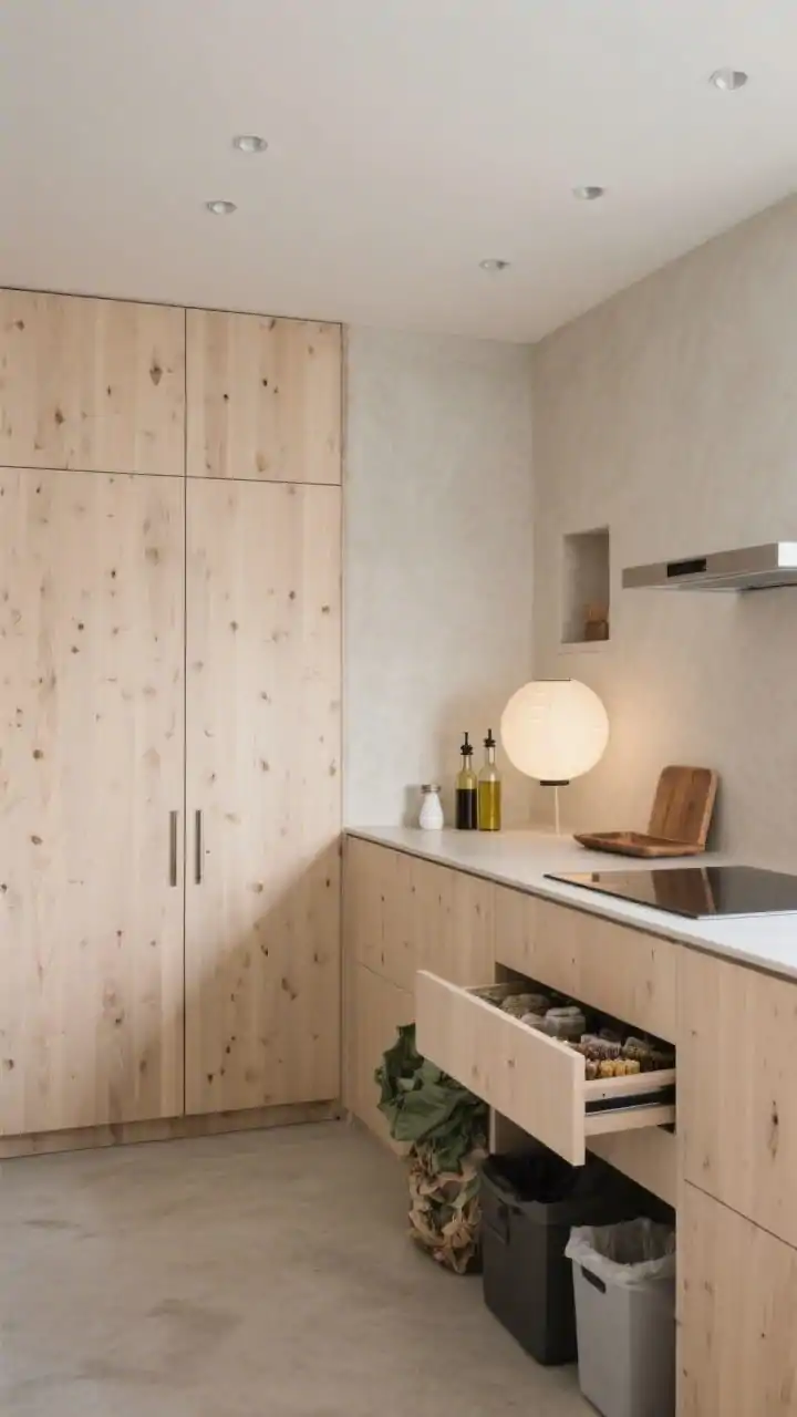 Wide shot from a corner: Ultra-minimal kitchen with floor-to-ceiling light beech pantry walls and concealed push-latch doors, a handleless island hiding compost, recycling, and a slim spice drawer. A flush cooktop with built-in downdraft keeps the surface clean. Range wall in smooth plaster with a delicate niche displaying oil cruets, a salt cellar, and a cedar tray. No-tile microcement backsplash for a monolithic look. Recessed spots and a single round paper lantern glowing in a corner. Pale, hand-burnished concrete flooring. Calm, uncluttered atmosphere, photorealistic.