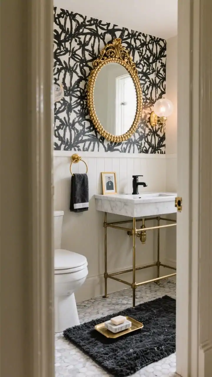 Wide shot from a doorway angle of a Graphic Boutique bathroom: one statement wall covered in black graphic peel-and-stick wallpaper, remaining walls in soft ivory; vintage-style gold beaded mirror as focal point, ornate gold towel ring nearby, and a petite framed portrait; charcoal bath rug grounding the floor; layered accessories including a marble soap dish, small brass tray, and matte black faucet on a compact vanity; a small frosted globe sconce casting boutique-hotel glow; balanced drama with restrained textiles.