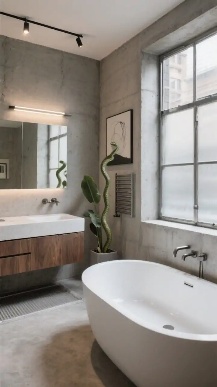 Wide shot from corner near vanity: Urban concrete luxe bathroom wrapped in smooth concrete-look microcement on walls and tub platform; an oval matte white freestanding tub centered beneath a large frosted steel-framed window; accents in brushed gunmetal for the tub filler, towel warmer, and linear pulls; floating walnut vanity adding warmth; heated microcement floor, track spot highlighting wall art, slim LED over the mirror, tall snake plant adding height and softness; industrial yet cozy ambiance, photorealistic.