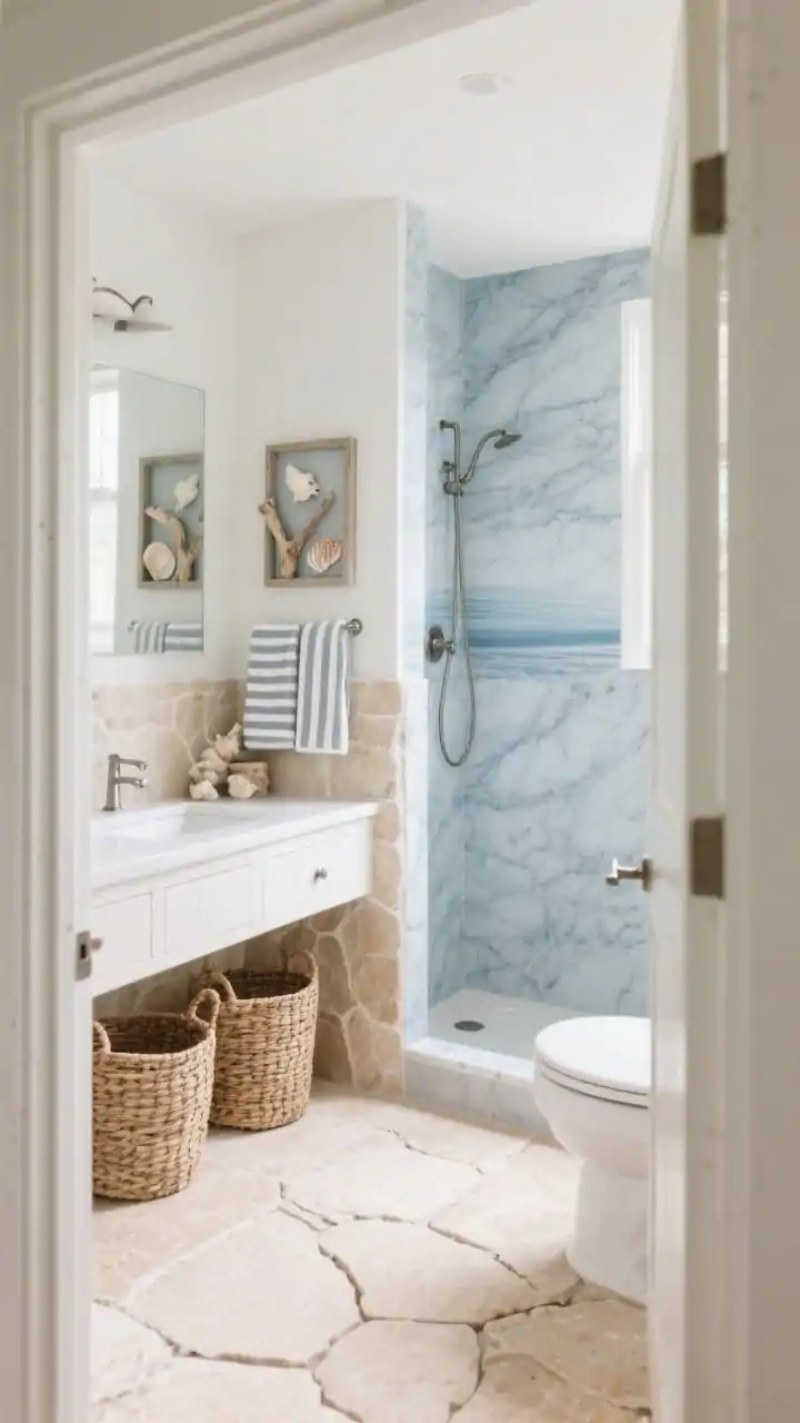 Wide shot from doorway, photorealistic: A coastal stone oasis in a small bathroom with large sand-beige limestone-look tiles across the floor and lower walls, transitioning to a gently veined blue-gray slab inside the shower for a horizon effect. Add a whitewashed floating vanity, brushed nickel hardware, woven baskets for storage, and a frameless niche displaying seashells and driftwood art. Soft striped towels complete the beach palette. Natural, breezy light, serene atmosphere, no people.