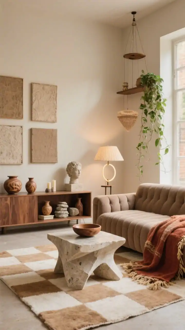 Wide shot, gallery-style composition: “Earthy Art House Modern” living room with mushroom-beige walls and a warm taupe channel-tufted sofa atop a soft camel-and-cream wool checkerboard rug. A sculptural asymmetrical resin/stone-composite coffee table anchors the center. Artful elements: textured canvases on the wall, a small plinth showcasing a stone bust, and a handmade mobile hanging in a sunny corner. A low walnut credenza doubles as a gallery shelf with kiln-fired vases, carved wooden bowls, and stacked stone candleholders. Textural throws in rust and wheat on the sofa, a trailing pothos cascading from a high shelf. Dimmable halo floor lamp and petite pleated-shade table lamp set an editorial, cozy mood. Photorealistic, no people.