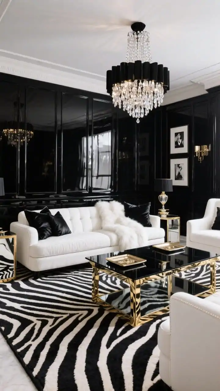 Wide shot, High-Contrast Glam Lounge: A dramatic living room with glossy black lacquered built-ins spanning the back wall, a white velvet sofa centered on a zebra-print rug beneath a black glass coffee table with gold legs; mirrored side tables reflect a statement chandelier of cascading crystals in a black frame; tuxedo-style armchairs flank the sofa; black-and-white photography in lacquered frames; lacquer trays and black silk pillows with a white faux fur throw layered for texture; palette of jet black, bright white, and touches of gold; sparkling, glamorous lighting; photorealistic.