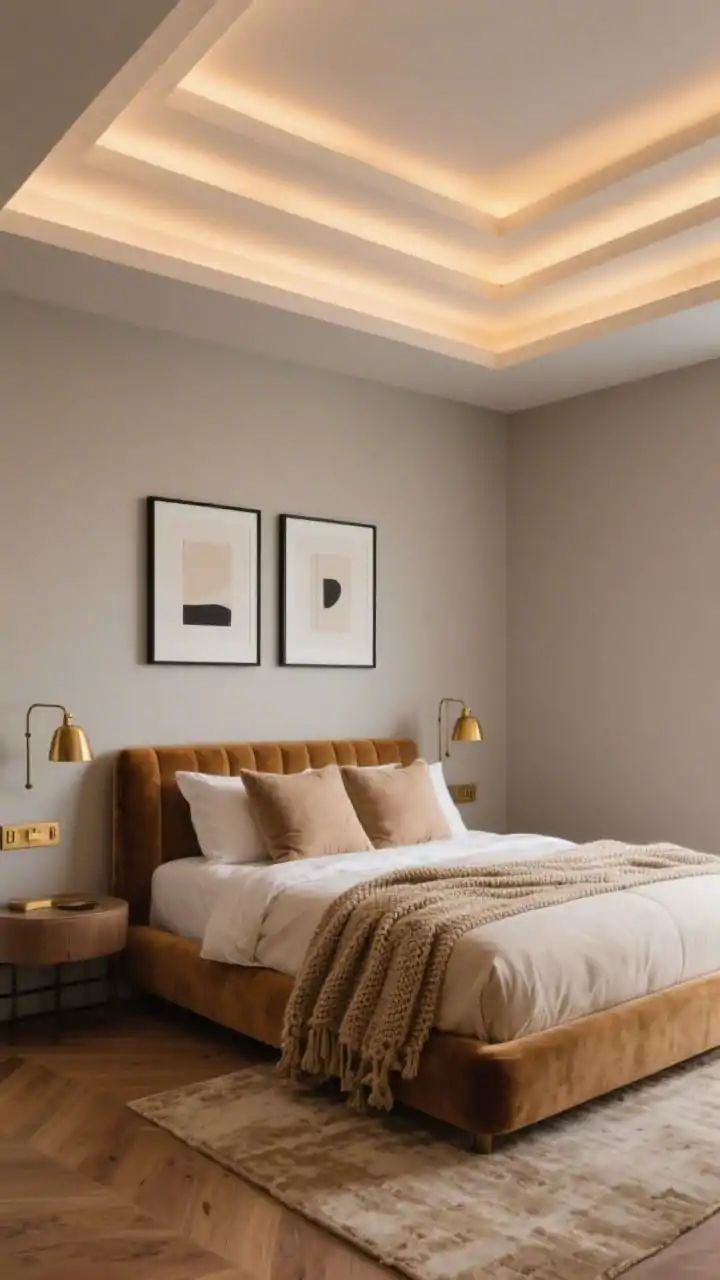 Wide shot, hotel-like bedroom with a tiered cove false ceiling stepping up toward the center, hidden LED strips casting a warm 2700K perimeter glow; matte greige walls; low upholstered bed in camel velvet with creamy linen duvet, chunky knit throw, and two oversized euro pillows; brass swing-arm sconces; natural oak flooring with an oat-colored rug; two simple abstract prints in thin black frames; brushed brass hardware; calm, expensive, airy mood, photorealistic, evening lighting.