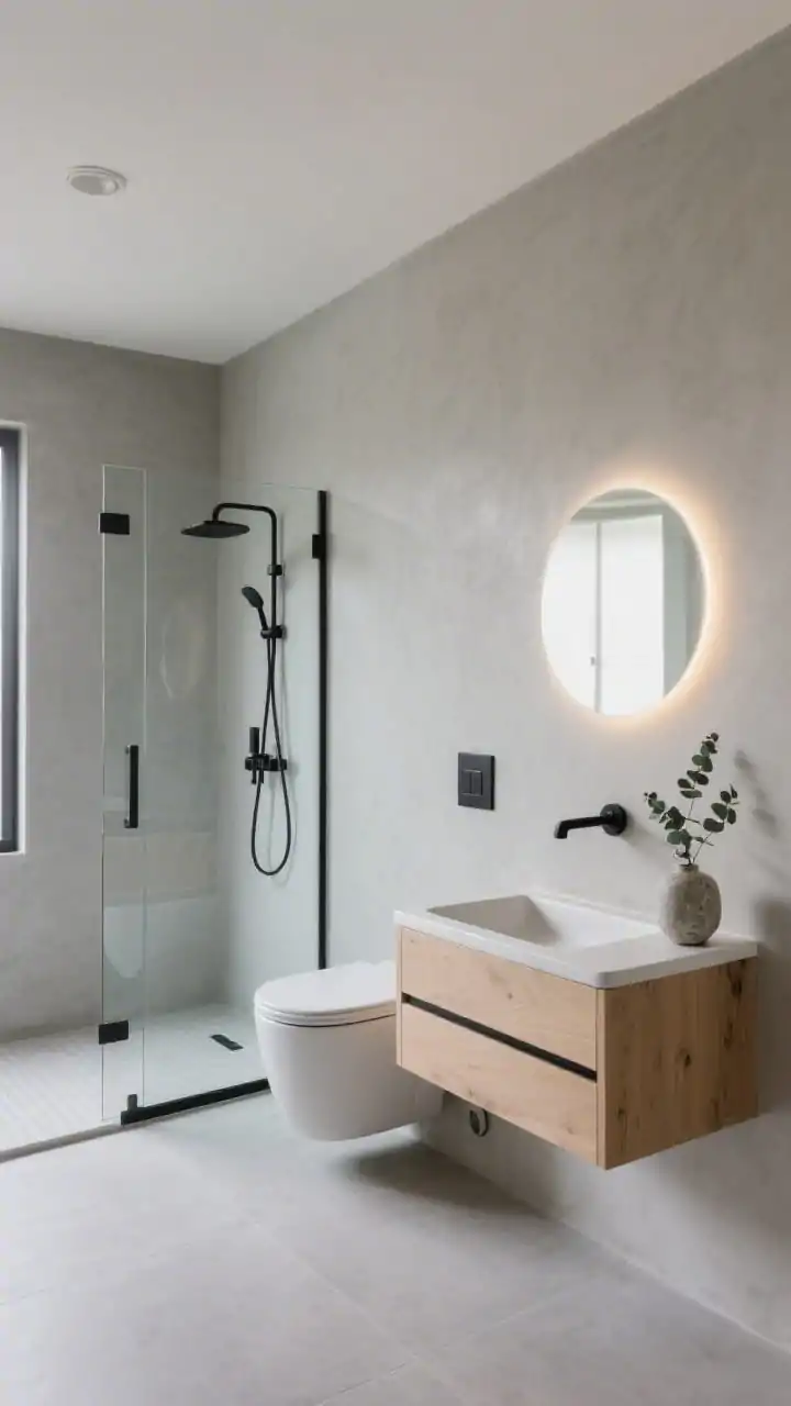 Wide shot, Japandi calm ensuite bathroom: pale oak floating vanity as a simple oak box with slender matte black pulls and a slim integrated trough sink; frameless glass shower screen with floor tile continuing seamlessly into the shower and a linear drain; microcement soft gray walls and matching floor for a grout-free spa wrap; matte black fixtures including wall-mounted faucet and shower set; a round backlit mirror softly glowing; a single eucalyptus sprig in a stone bud vase on the vanity; wall-hung toilet; calm, light ambiance with diffused daylight, minimal styling, photorealistic.