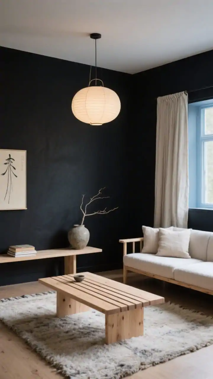 Wide shot, Japandi Calm With Ink Walls And Pale Oak: Serene living room with soft black walls carrying a hint of blue, a pale oak low sofa with natural linen cushions, and a matching pale oak slat bench as the coffee table. Overhead, a paper lantern pendant emits soft, diffuse light. A nubby wool rug anchors the scene; a single linen curtain panel pulled wide by a window; a stoneware vase with a single branch on the bench; minimal decor including a rice paper artwork and a tactile book stack. Palette: inky black, pale oak, stone, parchment; low, airy silhouettes; calm, uncluttered composition, corner angle.