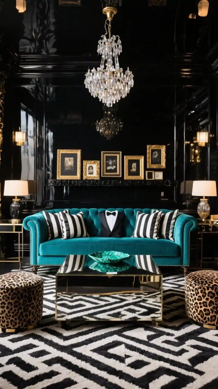 Wide shot, Maximalist Glam With Glossy Black, Pattern, And Jewel Tones: High-gloss black walls reflecting light like lacquer, a teal velvet tuxedo sofa as the star. In front, a mirrored coffee table catching reflections; a pair of leopard-print ottomans; a black-and-ivory geometric rug underfoot. Striped silk pillows on the sofa, a malachite tray atop the table. Overhead, a smoked crystal chandelier sparkling; a picture ledge lined with black-and-gold frames in varied sizes. Lighting crisp yet warm to enhance shine; glamorous, party-ready mood; straight-on symmetrical composition.