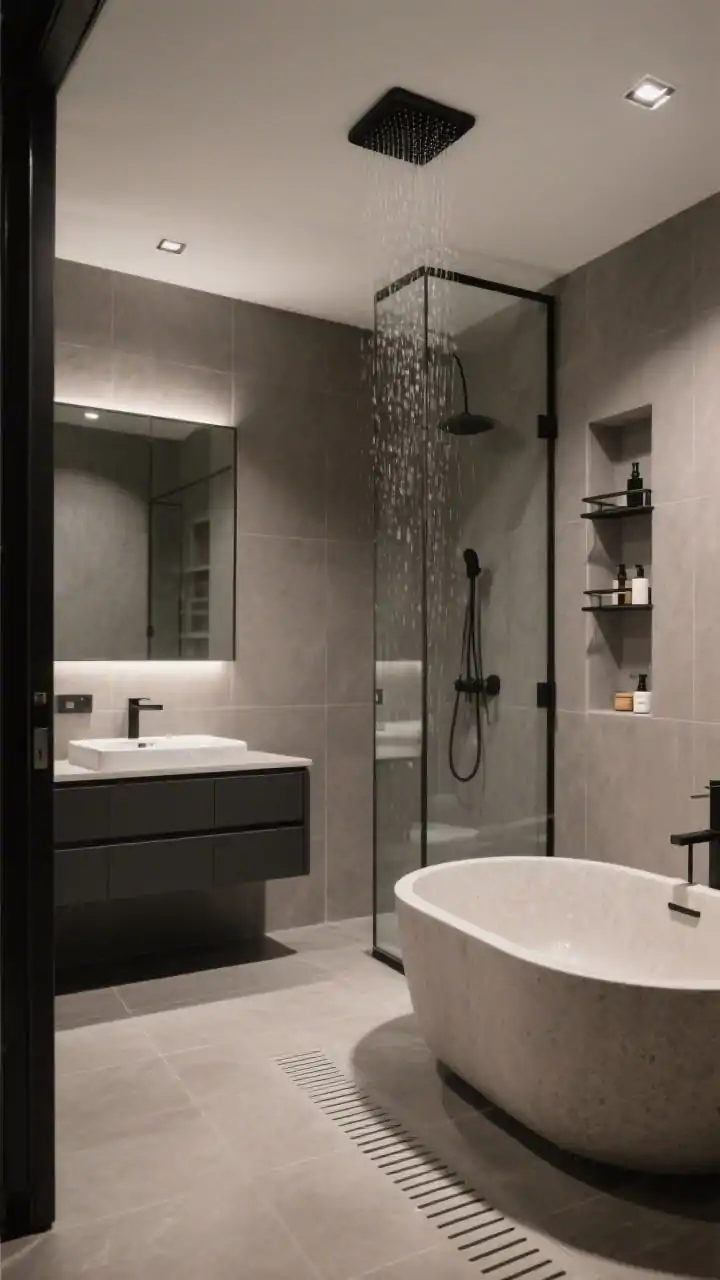 Wide shot, micro wet room perspective from doorway: Modern monochrome space with a deep ofuro-style Japanese soaking tub in light composite stone beside a ceiling-mounted rain head; large-format matte warm gray porcelain tiles running floor-to-ceiling, linear drain aligned with tile joints; a single frameless glass sheet dividing wet and dry zones; wall-hung charcoal vanity with integrated sink, backlit mirror, black-trimmed recessed cans; recessed niches with black metal shelves holding minimal toiletries; sleek and serene, soft diffused lighting, photorealistic.
