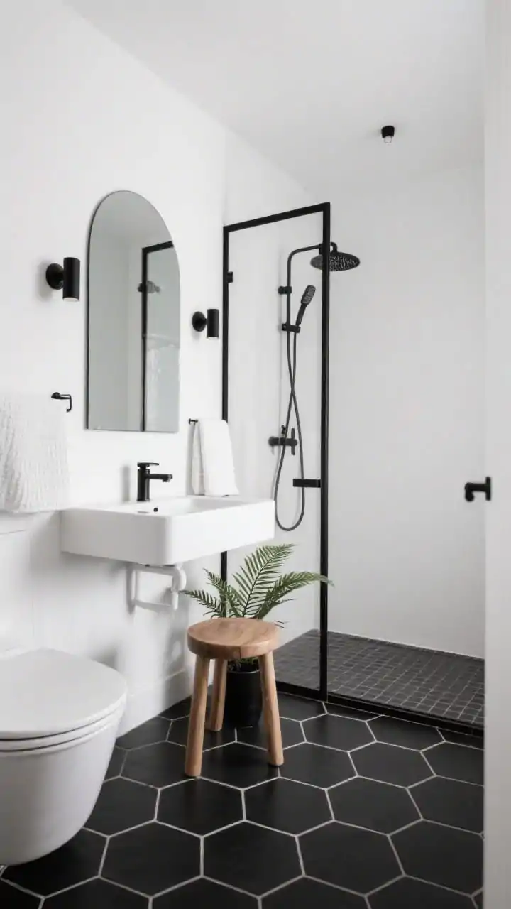 Wide shot, modern black-and-white small bathroom transformed into a monochrome spa: crisp white satin-painted walls, bold black hex tile floor with soft gray grout, floating white vanity with clean lines and wall-mounted faucet, arched mirror flanked by minimalist matte black pin-style sconces, thin matte black shower frame with frameless glass panel and a matte black rainfall head, soft waffle white towels, small natural oak stool, single fern in a black planter; bright, even daylight for a serene, high-contrast mood, photorealistic.