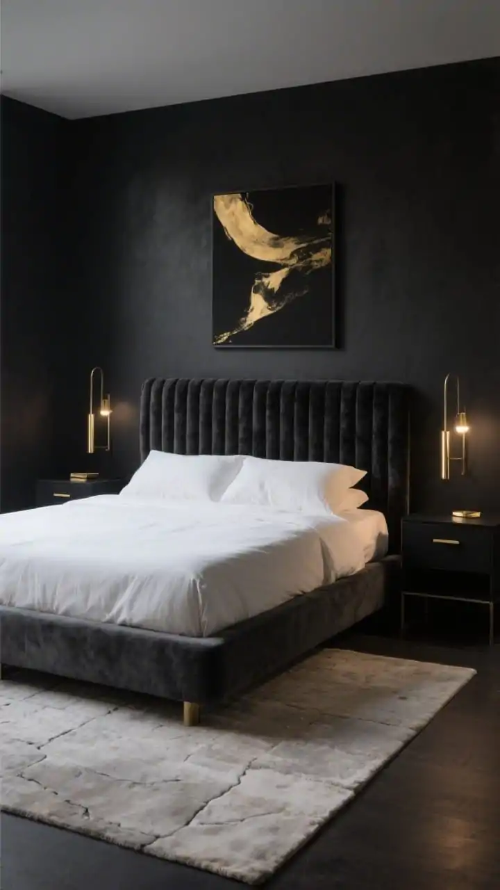 Wide shot, modern noir bedroom at dusk: matte black walls with a velvety look, low-profile charcoal platform bed with crisp white bedding and a ribbed black velvet headboard, matching floating black nightstands, slim brushed brass stem sconces casting warm 2700K light, cohesive brushed brass hardware throughout, pale stone rug grounding the space, a simple abstract black-and-gold print centered above the bed; clean lines, soft warm glow, no clutter, photorealistic.
