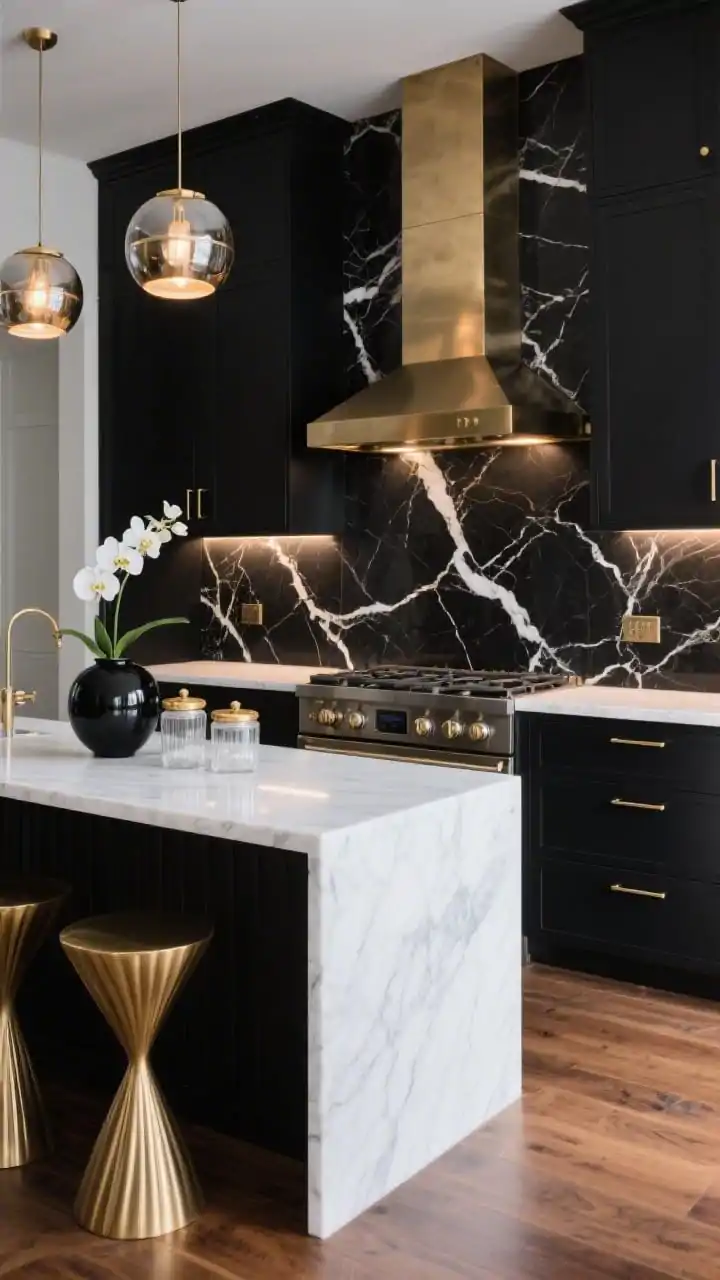 Wide shot, Monochrome Luxe kitchen: a counter-to-ceiling wall of black marble slab tiles with bold white veining behind the cooktop, under-cabinet lighting grazing the stone so the veining glows; matte black flat-front lower cabinets with brushed brass hardware; crisp white quartz counters; a fluted brushed-brass range hood; two globe pendants in warm light; a waterfall-edge white quartz island with two sculptural brass stools; wide-plank walnut flooring; styled accents: a black ceramic vase with a white orchid and clear canisters with brass lids; clean lines, gallery-glam mood, no people, photorealistic, straight-on perspective.
