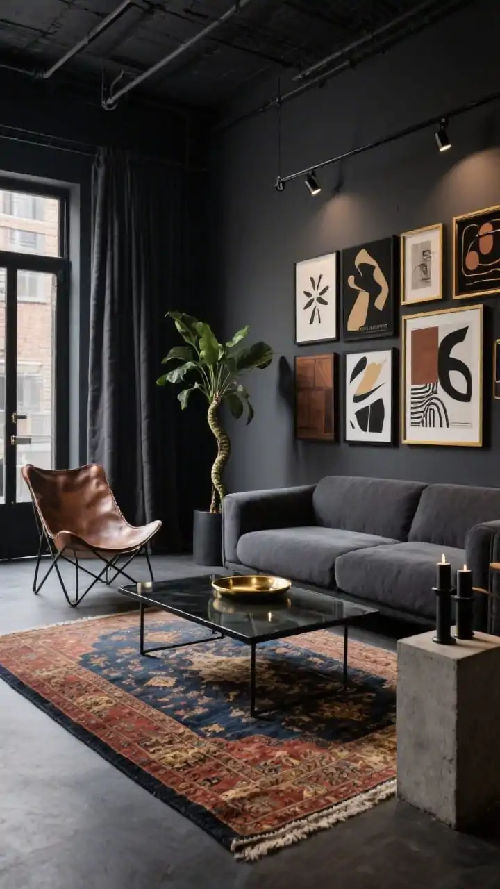 Wide shot, moody loft perspective from a doorway: Charcoal/graphite walls a shade lighter than a dark grey sofa create a dramatic envelope. A vintage-style Persian rug in rust, indigo, and faded gold breaks up the darkness. A low black metal coffee table with a smoked glass top sits centered; a leather sling chair adds warm texture opposite the sofa. Track lighting acts as gallery spots, illuminating a bold art wall of abstracts and graphic posters in mixed black, walnut, and brass frames. Accents include a burnished brass tray, matte black candleholders, and a concrete side table. Window treatment: charcoal linen panels. A tall snake plant adds sculptural greenery. Luxurious, artsy, boutique-hotel mood, photorealistic.