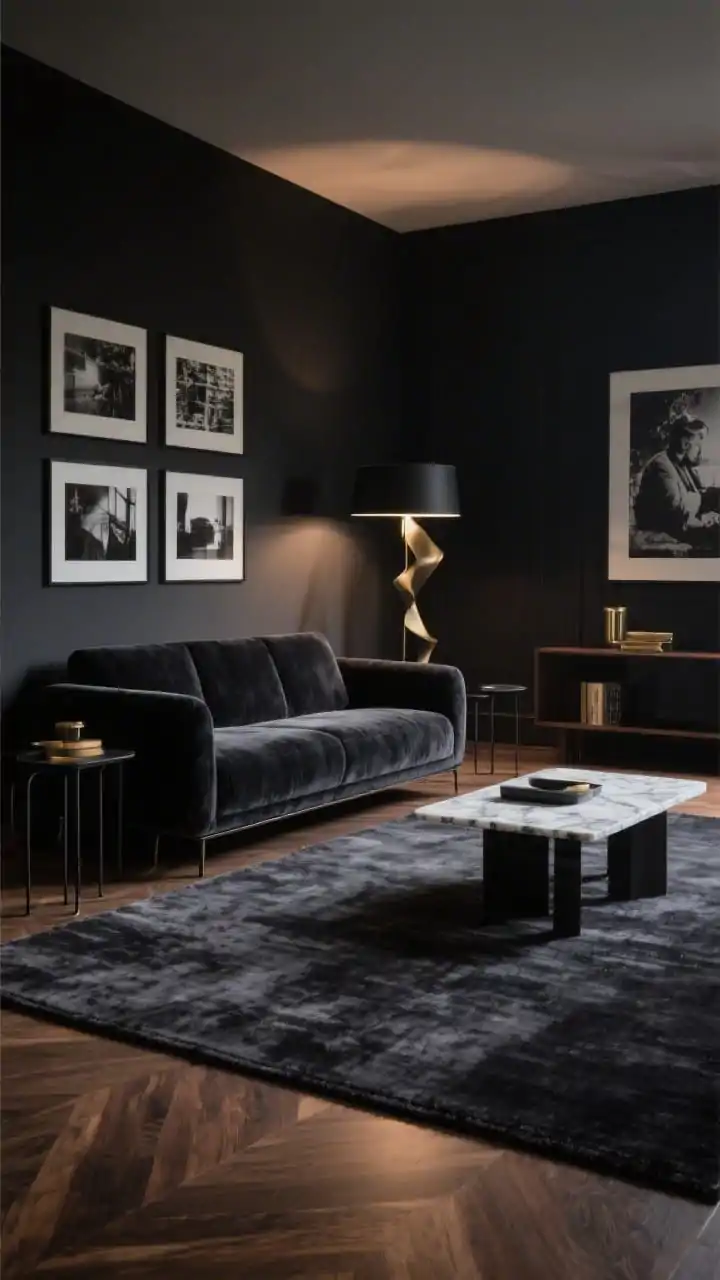 Wide shot, moody modern living room featuring a nearly wall-to-wall deep charcoal low-pile rug running under front and back legs of all seating; smoky velvet sofa, slim black metal side tables, marble-top coffee table, sculptural floor lamp; gallery wall of black-and-white photography; palette of charcoal, ink black, warm walnut, and brass accents; soft directional evening lighting for a dramatic, luxe atmosphere, photorealistic.