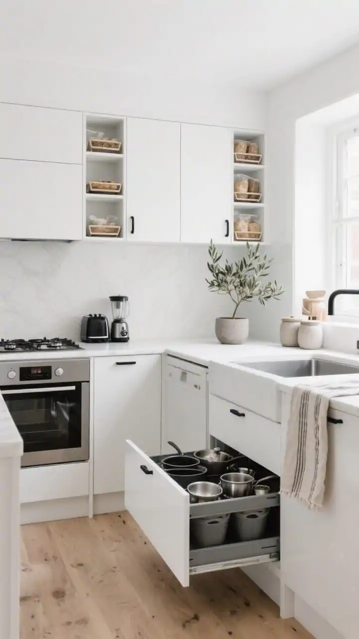 Wide shot, Nordic Calm kitchen: soft-white slab-front cabinets, pale oak floors, matte black hardware, cloud-white walls; full-height pull-out pantry columns slightly open showing neatly arranged dry goods on trays, deep drawers under the cooktop open with organized pots and pans, a slim spice pull-out by the range; a closed appliance garage door on the counter corner with hints of toaster/blender inside; double-bin trash drawer ajar by the sink; styling includes a single potted olive tree, a linen runner on the counter, and stoneware canisters; bright natural daylight, clean Scandi minimal mood, no people.