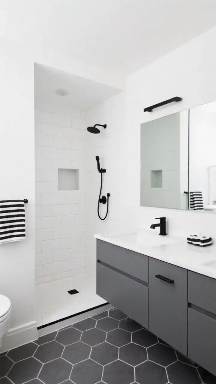 Wide shot of a crisp graphite-and-white modern bathroom: bright white walls, graphite vanity with clean lines, matte charcoal hex floor tiles, crisp white subway tile on the shower walls, recessed niches lined with mini hex inside the shower, a frameless mirror over the vanity, cohesive matte black fixtures, and a single band of black pencil trim running through the shower; add black-and-white striped towels for pattern play; balanced, graphic look, front-facing angle.