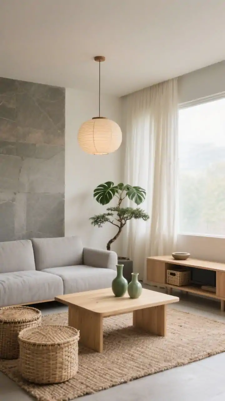 Wide shot of a Japandi living room: light-gray sofa, blonde wood coffee table with rectangular rounded corners, flatweave jute rug, cream cotton curtains, low-profile media console, quiet palette of stone, sand, soft charcoal with small hits of forest green, ceramic bud vases, a single bonsai or rubber plant, rice-paper pendant light providing warm diffused glow, woven lidded baskets for storage; serene, edited aesthetic, soft morning light, photorealistic, straight-on view.