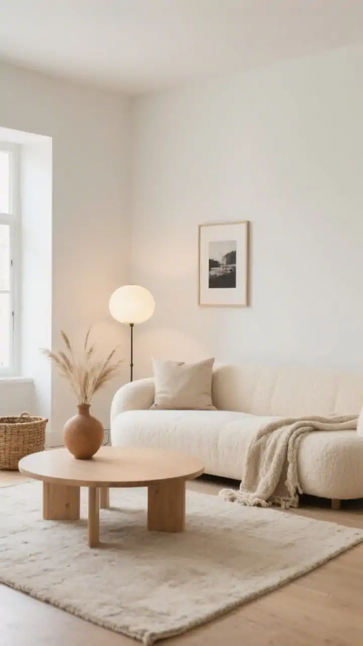 Wide shot of a minimalist living room in warm neutrals: low-profile creamy beige sofa with rounded edges in bouclé/ textured fabric, soft white/light greige walls, palette of sand, oatmeal, warm white with a touch of caramel, light wood rounded/oval coffee table, tone-on-tone rug, linen pillows, nubby throw, globe floor lamp casting gentle diffused light, a single sculptural vase with dried grasses, framed black-and-white print, woven basket for storage; calm, airy mood, natural daylight, photorealistic, straight-on perspective.