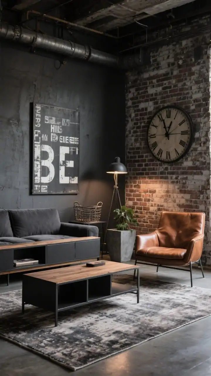Wide shot of an industrial loft-lite living room: charcoal sectional, metal-and-wood coffee table, low black media unit, one accent wall with brick-pattern peel-and-stick wallpaper, distressed vintage-look rug in smoky tones, oversized typographic art and a large industrial-style wall clock, minimal rugged accessories like wire baskets, iron floor lamp, concrete-look planters; palette of charcoal, slate, cognac, warm wood with a cognac faux-leather accent chair as hero; moody, cool ambiance with directional side lighting, photorealistic, corner angle.