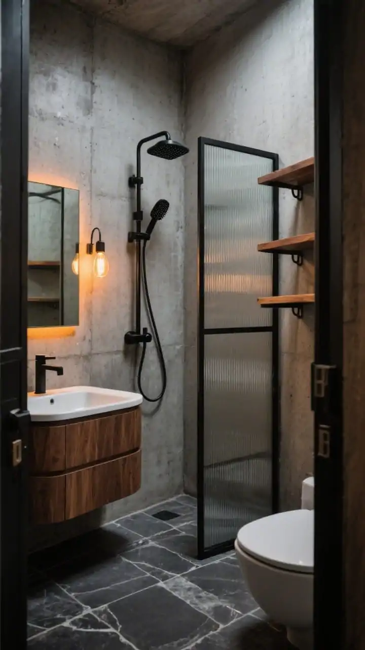 Wide shot of industrial cozy with softened edges: concrete-look walls, a walnut vanity with rounded corners, matte black fixtures including a rain shower head, black-framed shower with ribbed glass for privacy, black steel shelf brackets supporting warm wood shelves, charcoal porcelain floor in a slate pattern, amber-toned LED mirror glow and filament-style sconces warming the scene; moody yet welcoming, angled from the doorway.