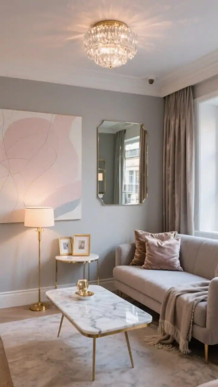 Wide shot of micro-luxe glam in a small living room: compact taupe/dove-gray sofa with slim legs, marble-look coffee table (faux/laminate), large wall mirror to visually double space, brushed brass touches (floor lamp, picture frames, side table), calm palette of gray, cream, soft blush, crystal or glass flush-mount ceiling light adding sparkle, velvet pillows, satin-trim curtains, cozy throw, minimalist line drawings or soft abstract pastels on wall; polished boutique-hotel vibe, soft evening glow with reflections, photorealistic, straight-on.